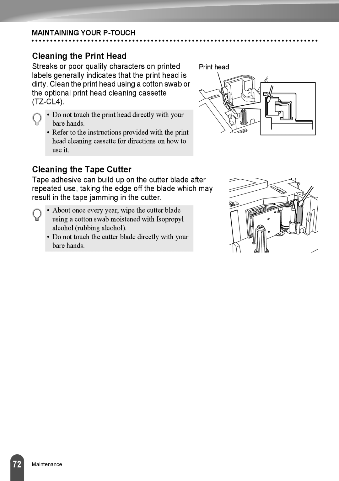 Brother LW6091001 appendix Cleaning the Print Head, Cleaning the Tape Cutter 