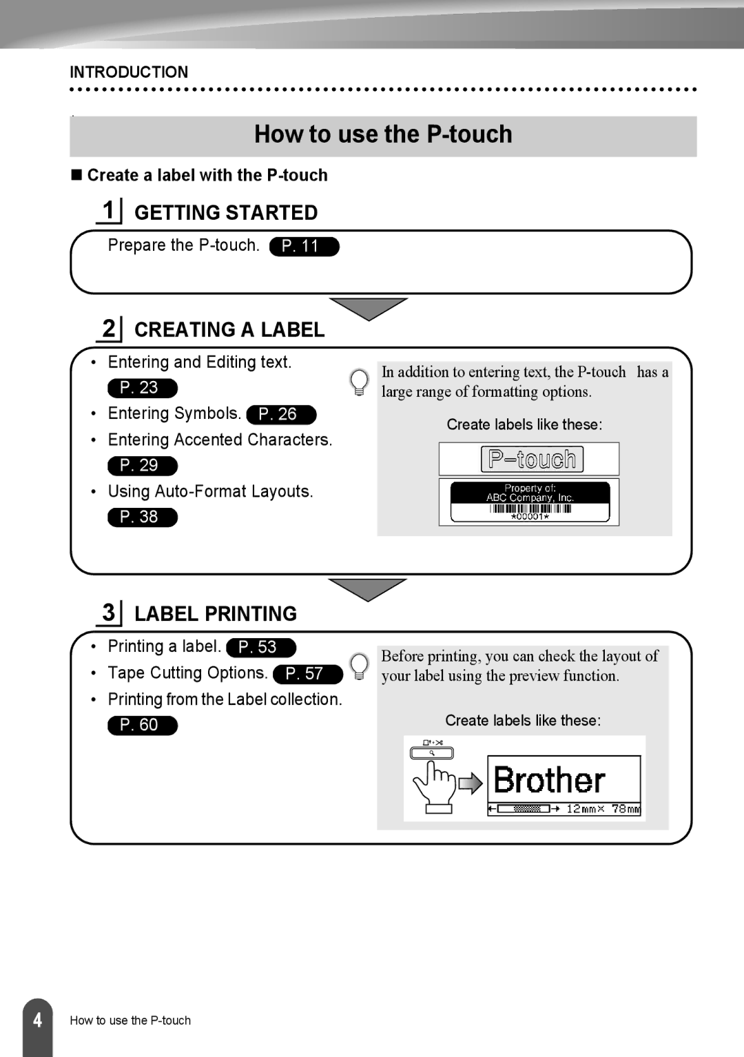 Brother LW6091001 appendix How to use the P-touch, „ Create a label with the P-touch 