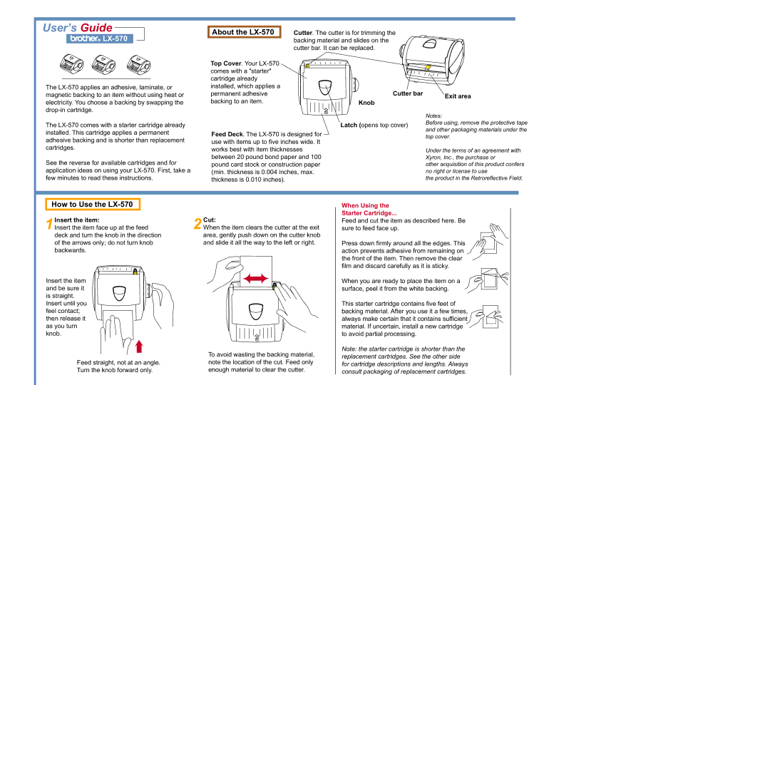 Brother warranty About the LX-570, How to Use the LX-570, Cutter bar, Knob 