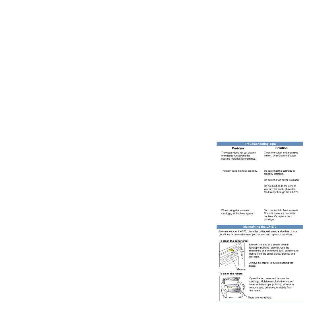 Brother LX-570 warranty ProblemSolution, To clean the cutter area, To clean the rollers 