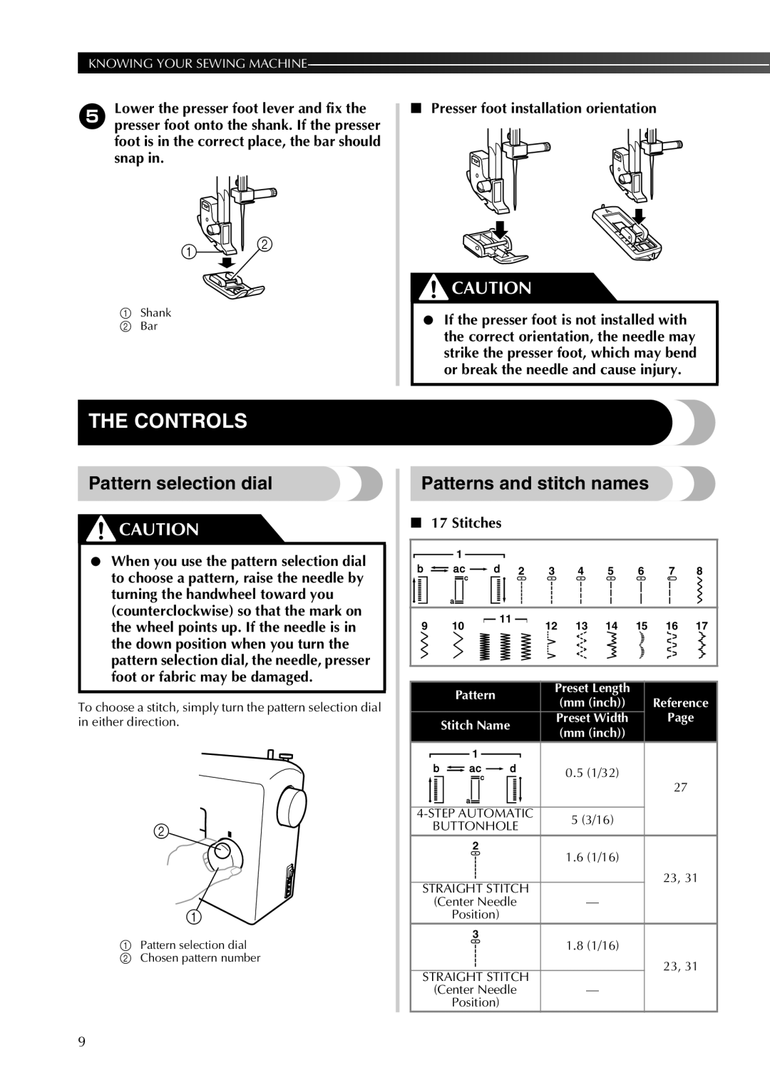 Brother LX2500 Controls, Pattern selection dial, Patterns and stitch names, Presser foot installation orientation 