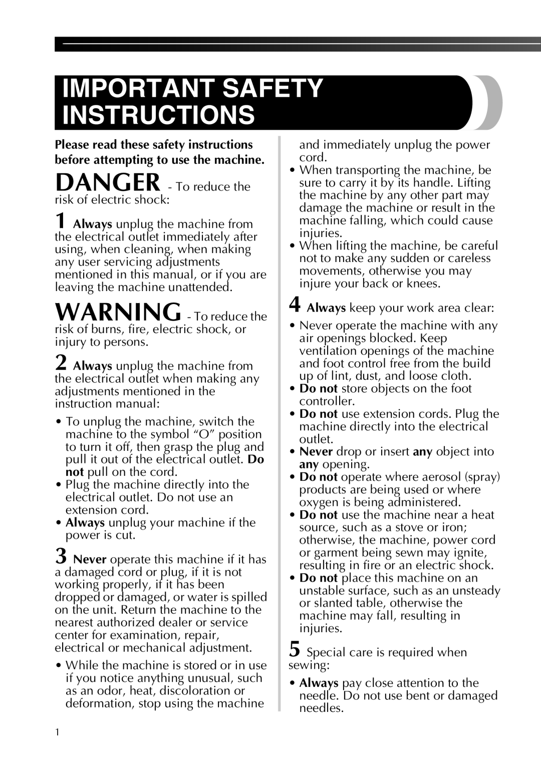 Brother LX2500 operation manual Important Safety Instructions 