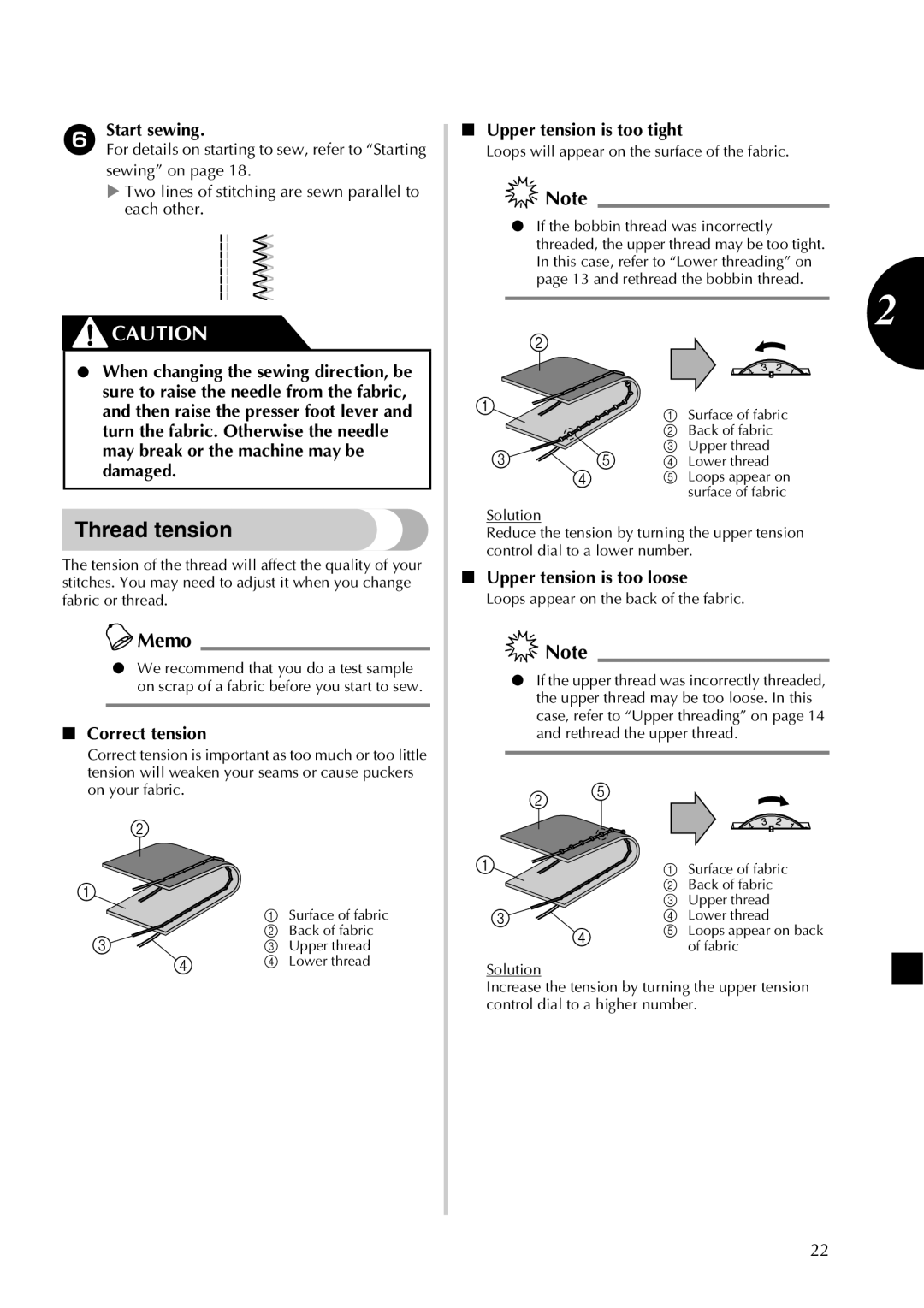 Brother LX2500 operation manual Thread tension, Start sewing, Upper tension is too tight, Upper tension is too loose 