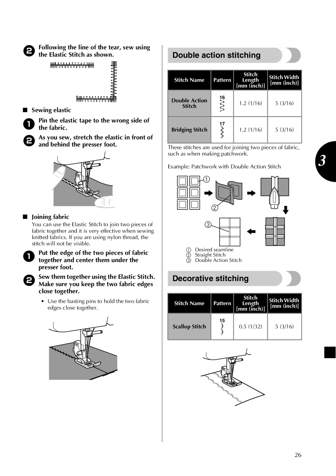 Brother LX2500 operation manual Double action stitching, Decorative stitching, Joining fabric 