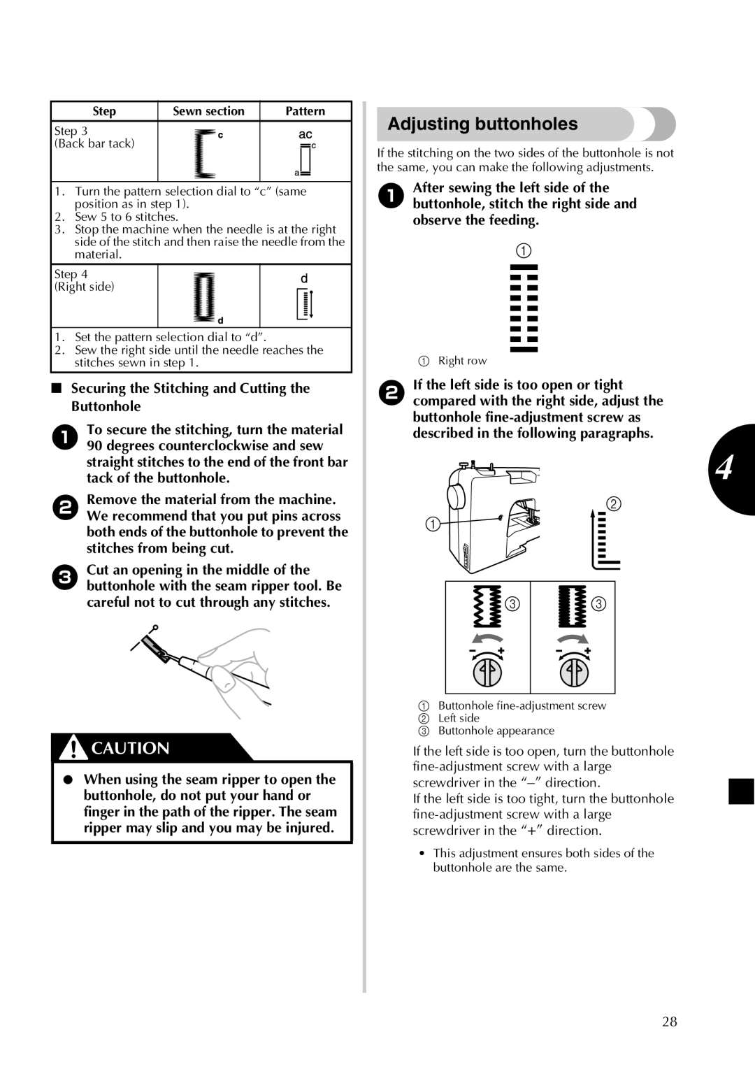 Brother LX2500 operation manual Adjusting buttonholes, Securing the Stitching and Cutting the Buttonhole 