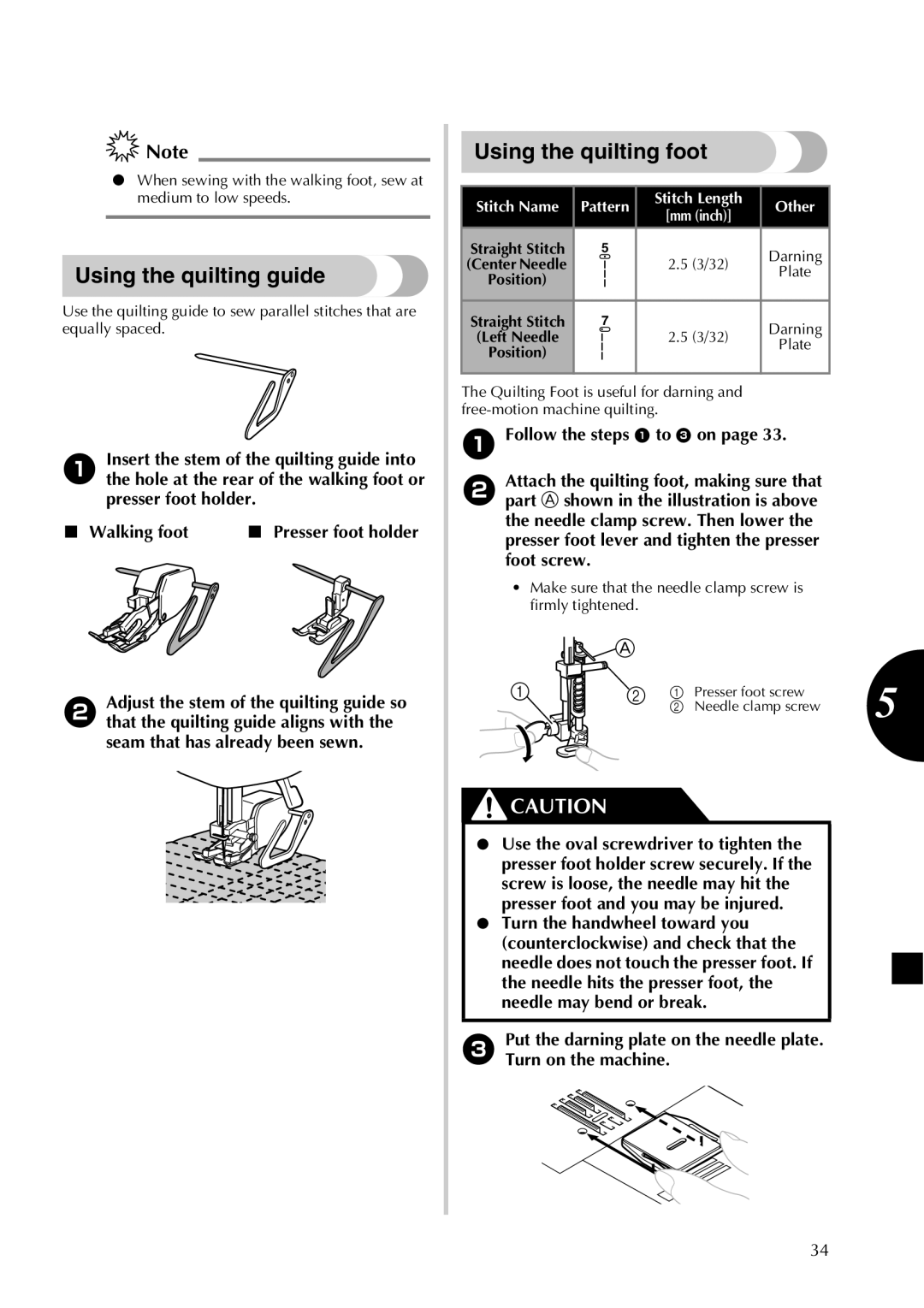 Brother LX2500 operation manual Using the quilting guide, Using the quilting foot, Walking foot Presser foot holder 