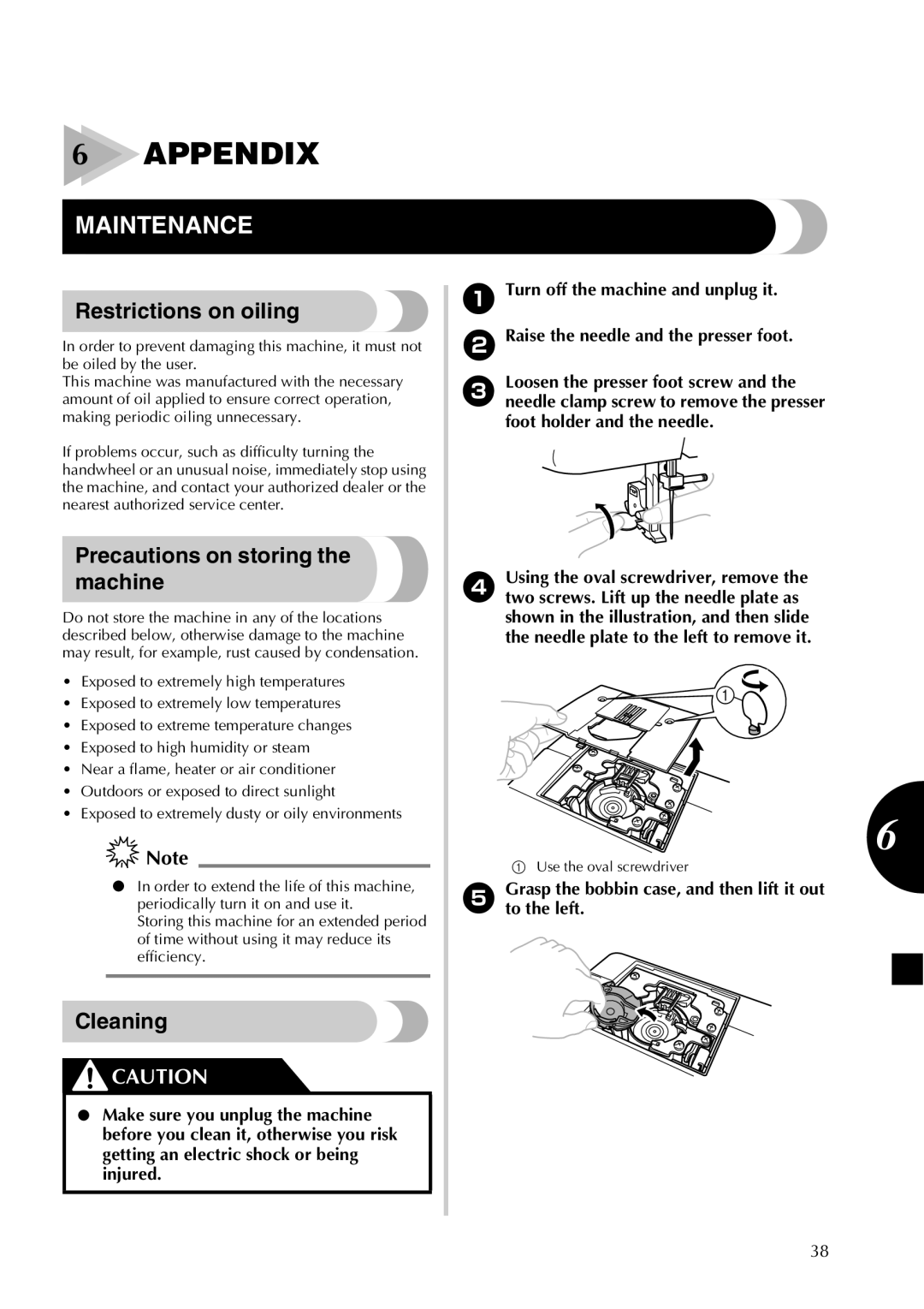 Brother LX2500 operation manual Appendix, Maintenance, Restrictions on oiling, Precautions on storing the machine, Cleaning 