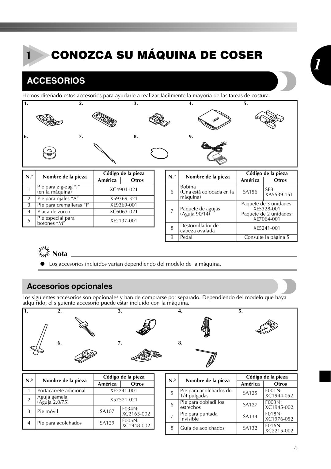 Brother LX2500 operation manual Conozca SU Máquina DE Coser, Accesorios opcionales, Código de la pieza, América Otros 