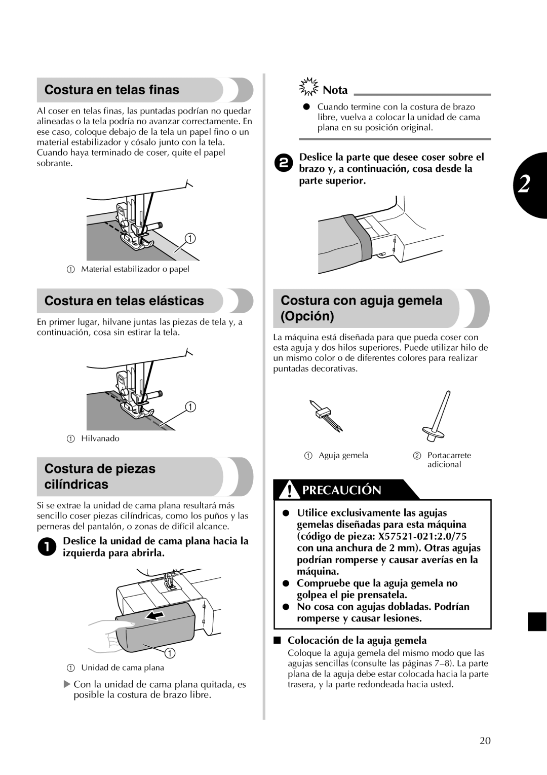 Brother LX2500 operation manual Costura en telas finas, Costura en telas elásticas, Costura de piezas cilíndricas 