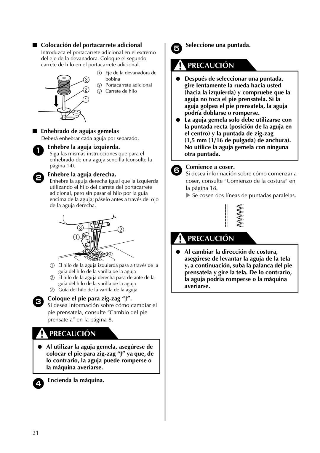 Brother LX2500 Colocación del portacarrete adicional, Enhebrado de agujas gemelas, Enhebre la aguja izquierda 