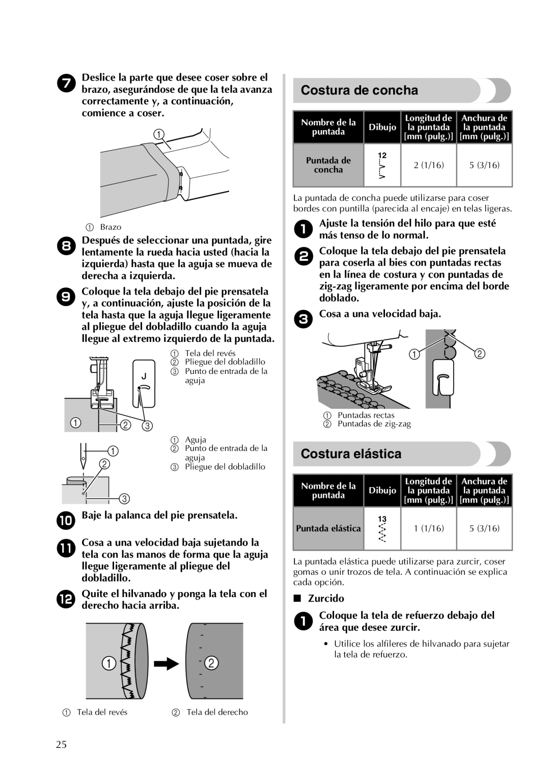 Brother LX2500 operation manual Costura de concha, Costura elástica, Cosa a una velocidad baja, Mm pulg 