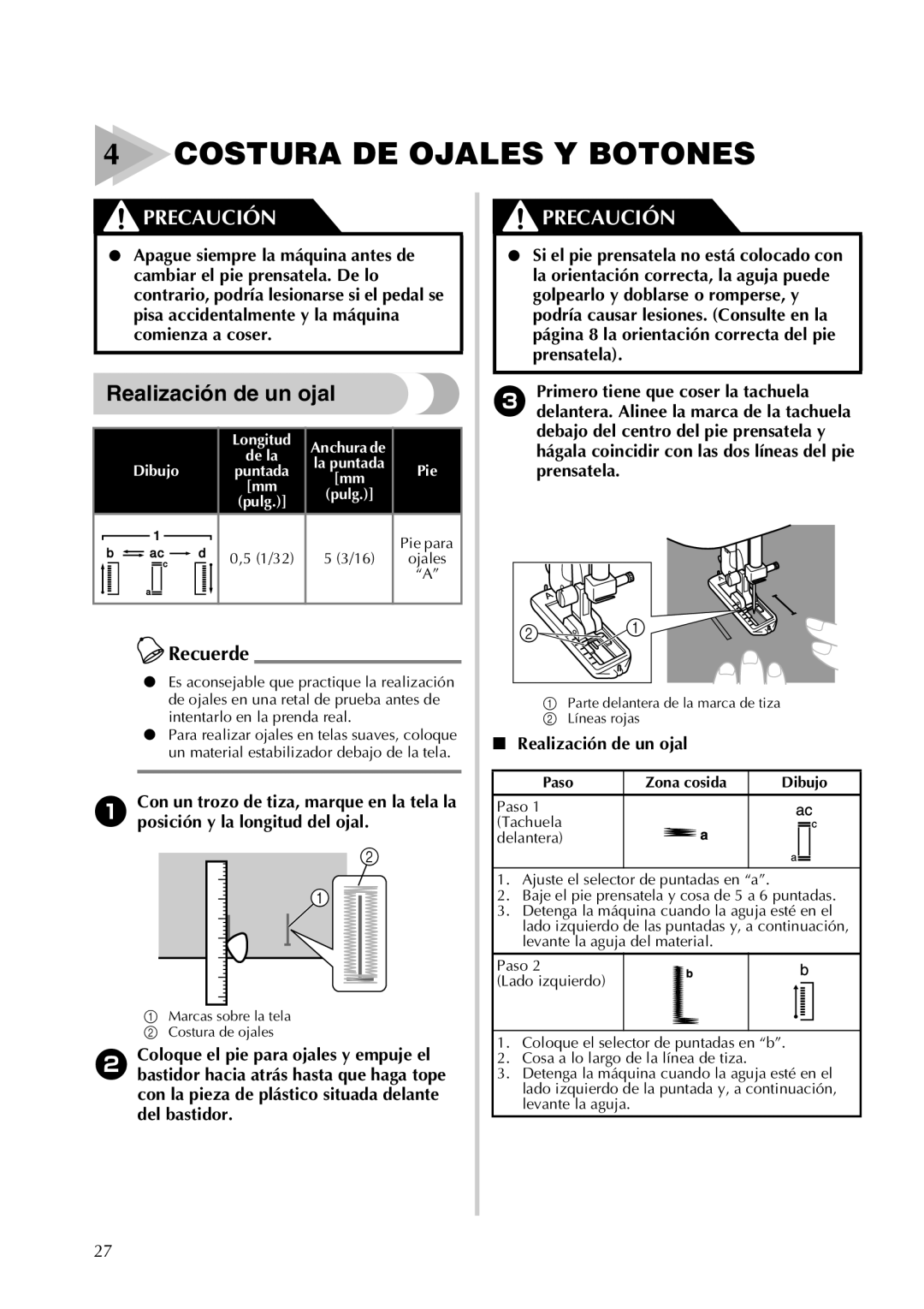 Brother LX2500 operation manual Costura DE Ojales Y Botones, Realización de un ojal, Longitud, Paso Zona cosida 