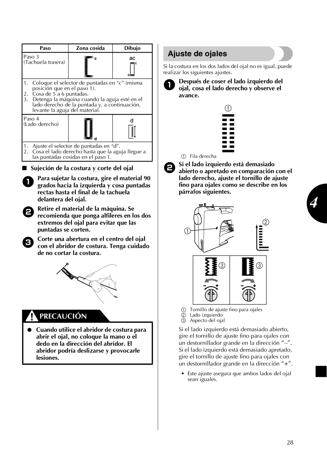 Brother LX2500 operation manual Ajuste de ojales, Sujeción de la costura y corte del ojal 