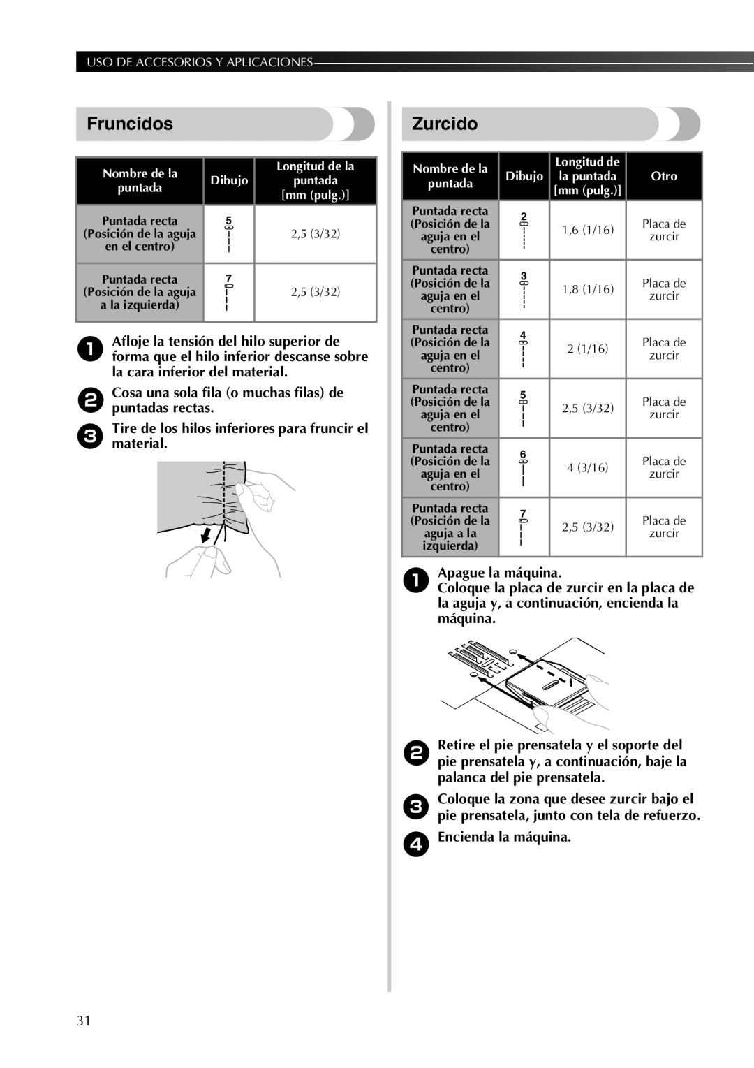 Brother LX2500 operation manual Fruncidos, Zurcido, Cosa una sola fila o muchas filas de puntadas rectas 