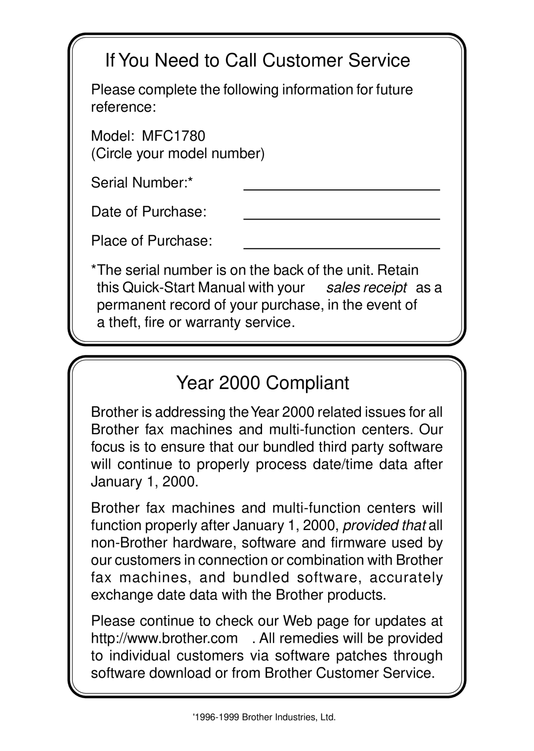 Brother MFC-1780 quick start manual If You Need to Call Customer Service 