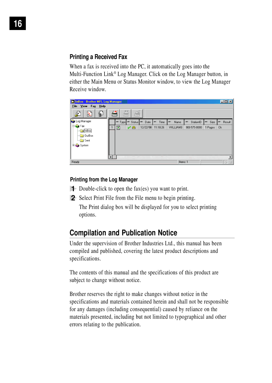 Brother MFC-1780 quick start manual Compilation and Publication Notice, Printing a Received Fax 