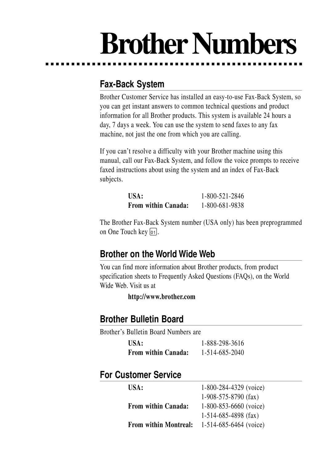 Brother MFC-1780 Fax-Back System, Brother on the World Wide Web, Brother Bulletin Board, For Customer Service 