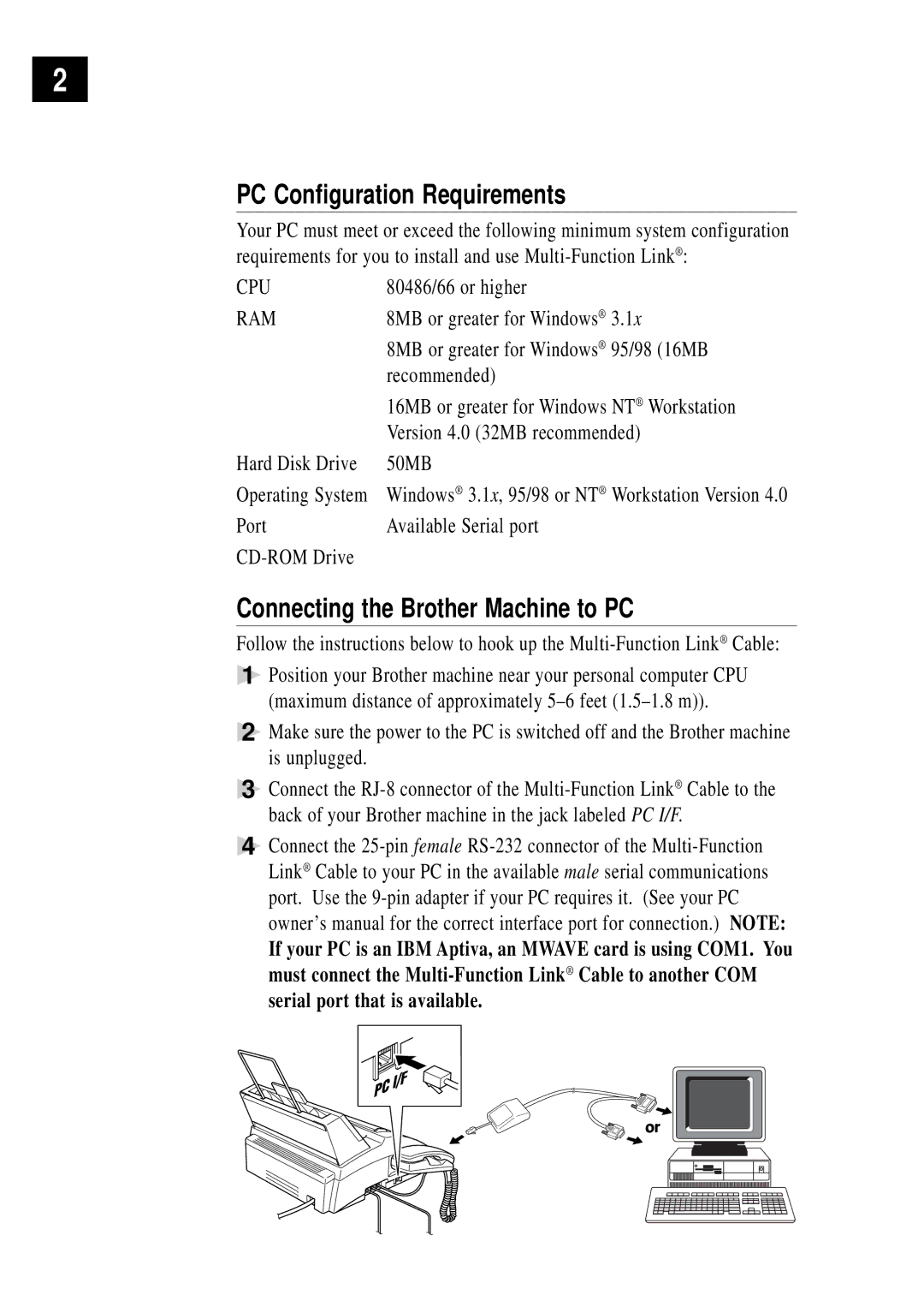 Brother MFC-1780 quick start manual PC Configuration Requirements, Connecting the Brother Machine to PC 