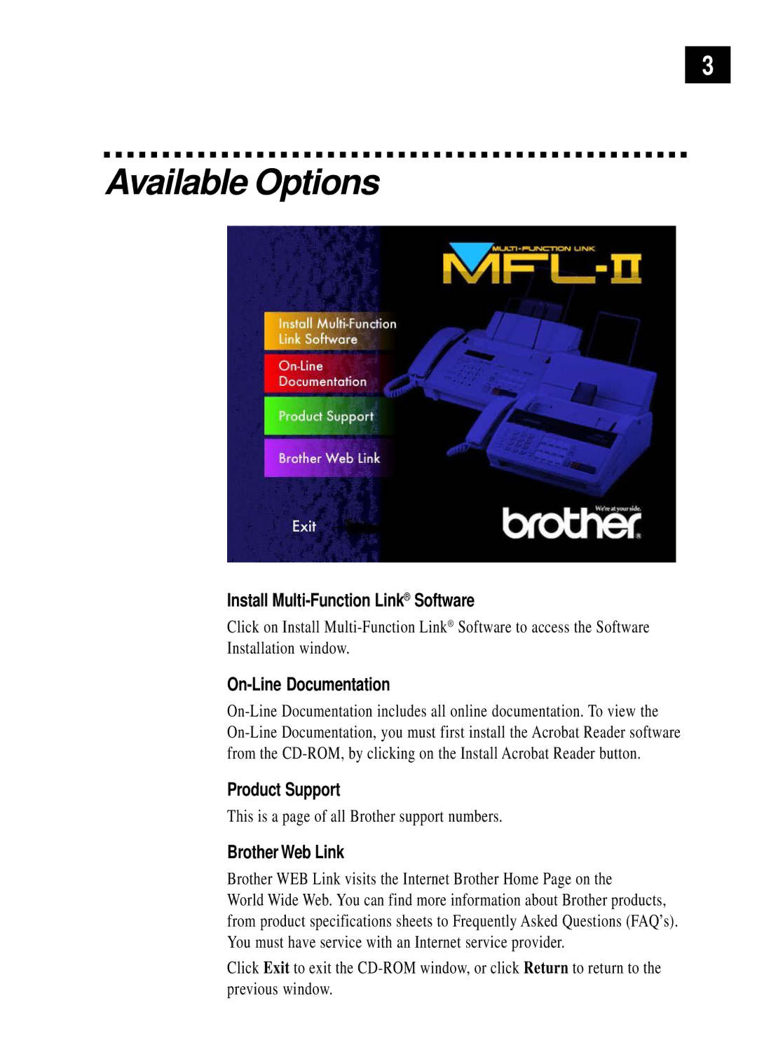 Brother MFC-1780 Available Options, Install Multi-Function Link Software, On-Line Documentation, Product Support 