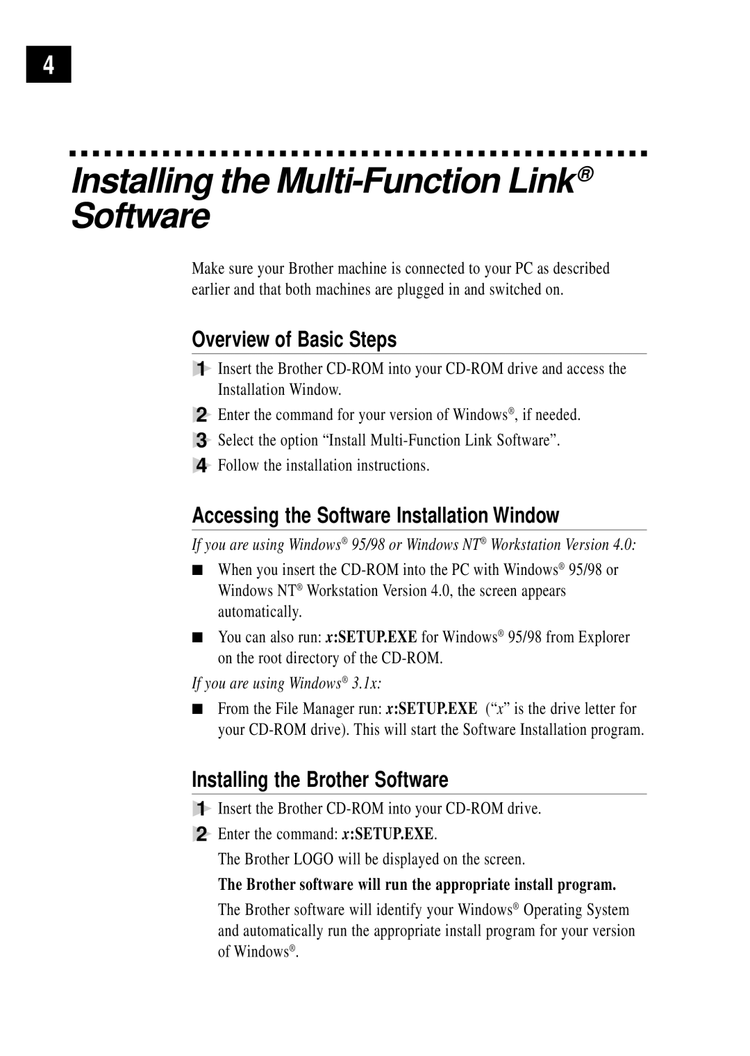 Brother MFC-1780 Installing the Multi-Function Link Software, Overview of Basic Steps, Installing the Brother Software 