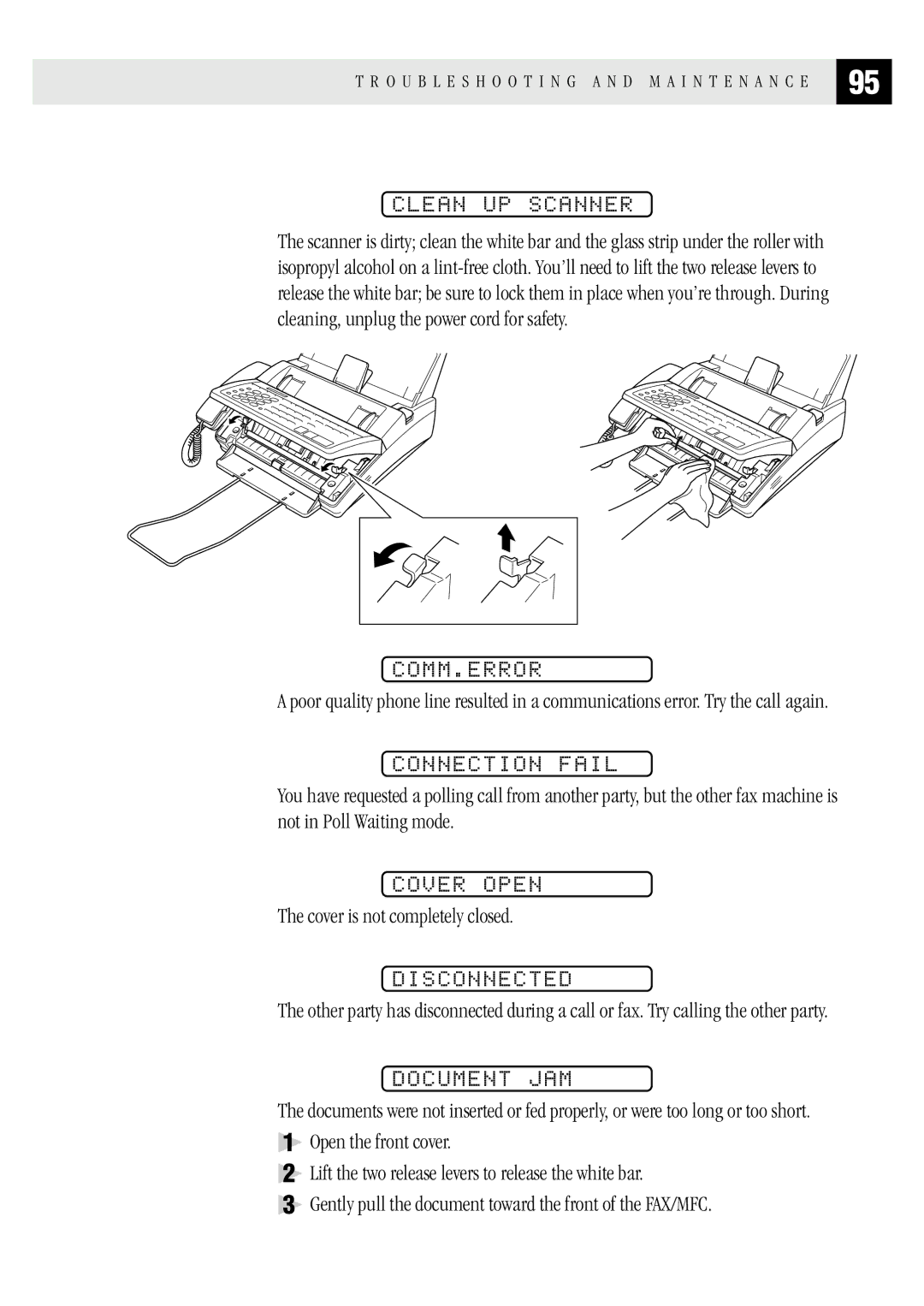 Brother MFC 1870MC, MFC 1970MC Clean UP Scanner, Comm.Error, Connection Fail, Cover Open, Disconnected, Document JAM 