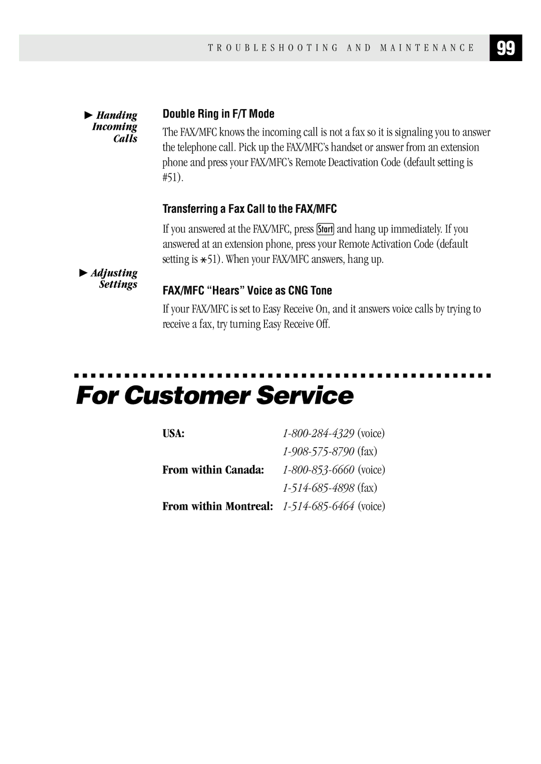 Brother FAX1 570MC, MFC 1970MC, MFC 1870MC owner manual For Customer Service, Double Ring in F/T Mode 