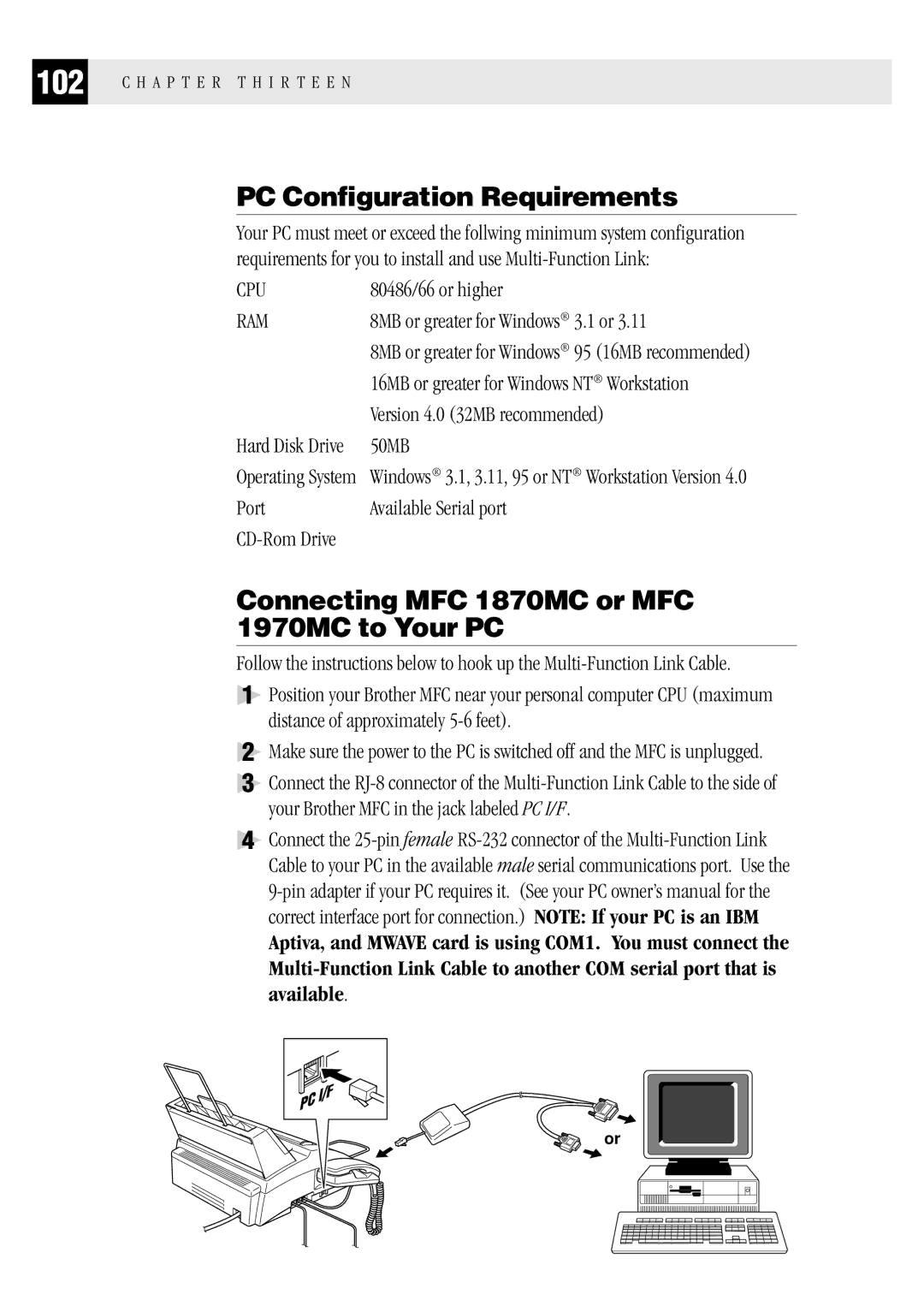 Brother FAX1 570MC owner manual PC Configuration Requirements, Connecting MFC 1870MC or MFC 1970MC to Your PC 