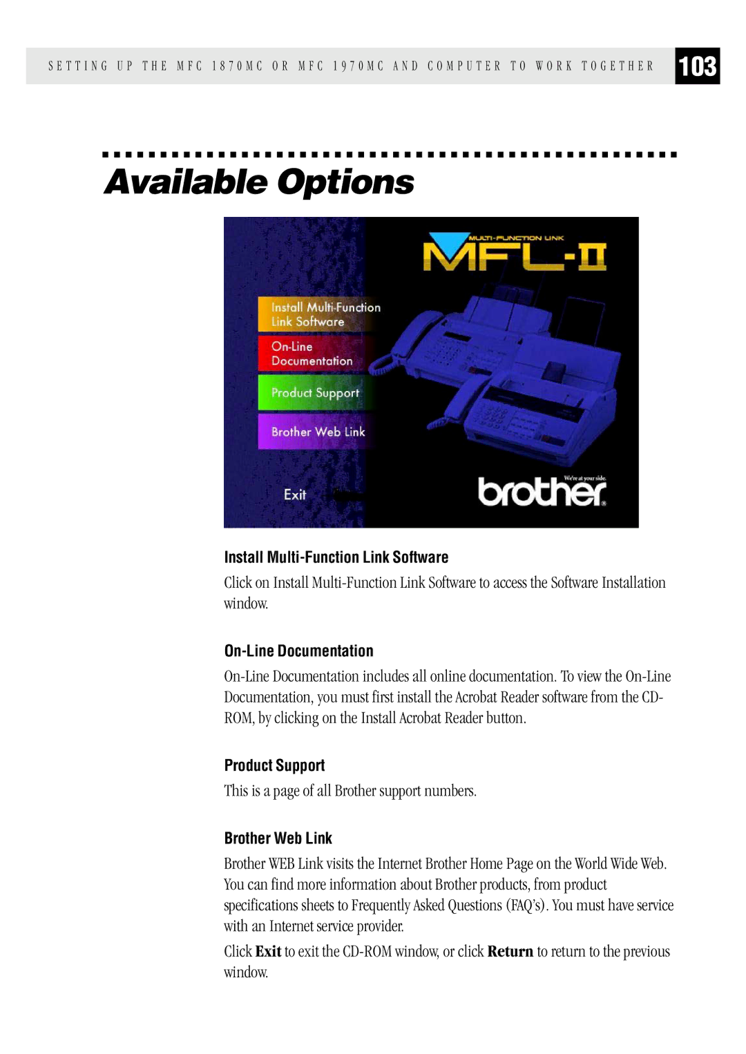 Brother MFC 1970MC, MFC 1870MC, FAX1 570MC owner manual Available Options, This is a page of all Brother support numbers 