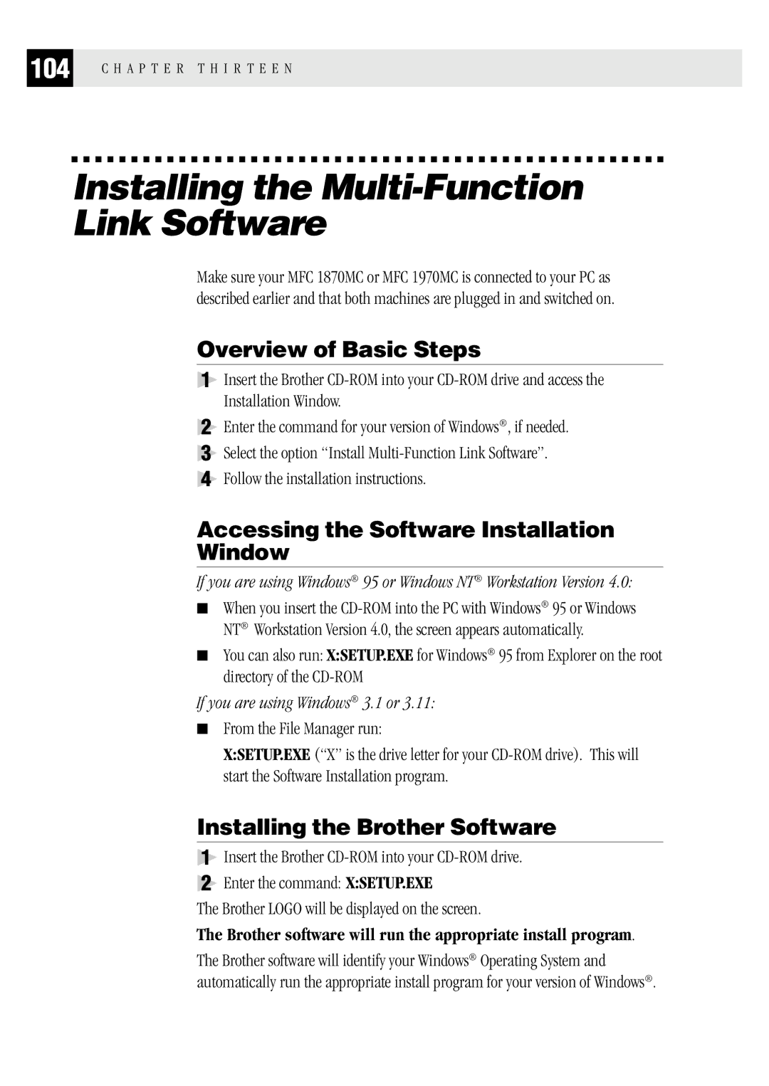 Brother MFC 1870MC Installing the Multi-Function Link Software, Overview of Basic Steps, Installing the Brother Software 