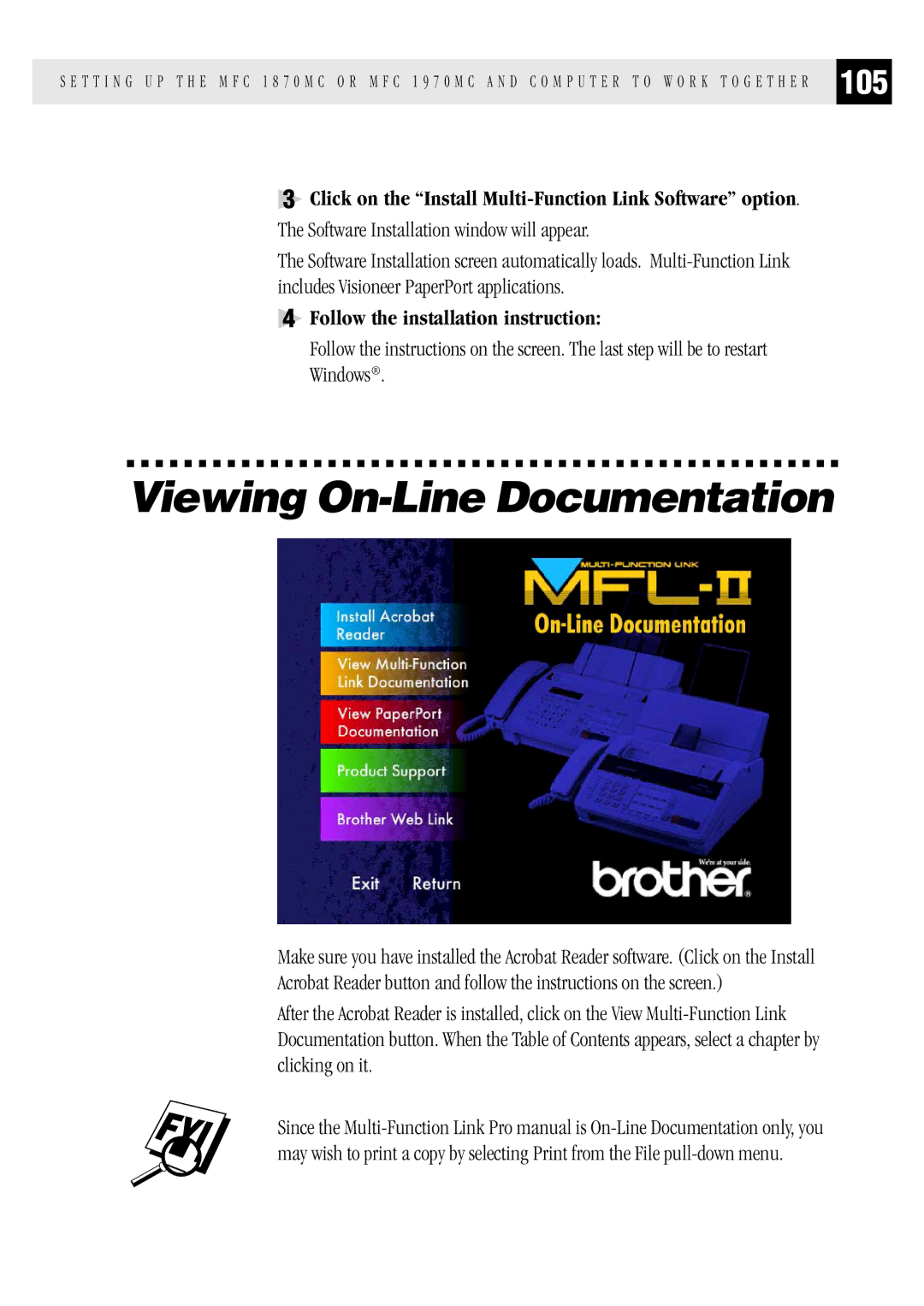 Brother FAX1 570MC, MFC 1970MC, MFC 1870MC owner manual Viewing On-Line Documentation, 105 