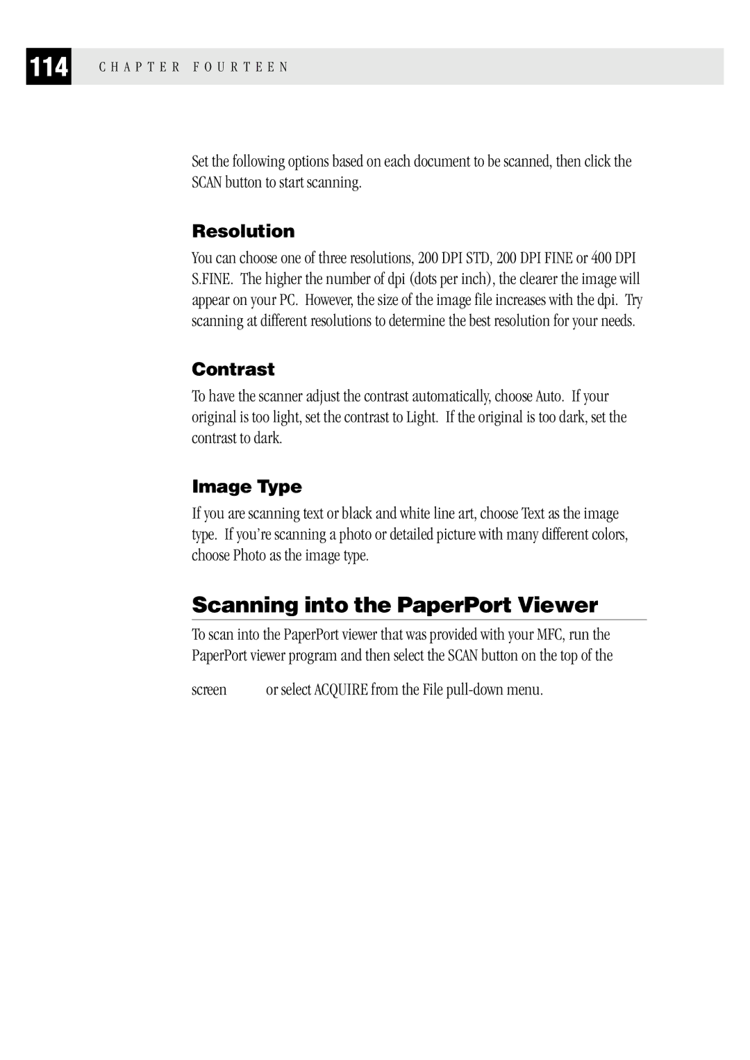 Brother FAX1 570MC, MFC 1970MC, MFC 1870MC owner manual Scanning into the PaperPort Viewer, Resolution, Contrast, Image Type 