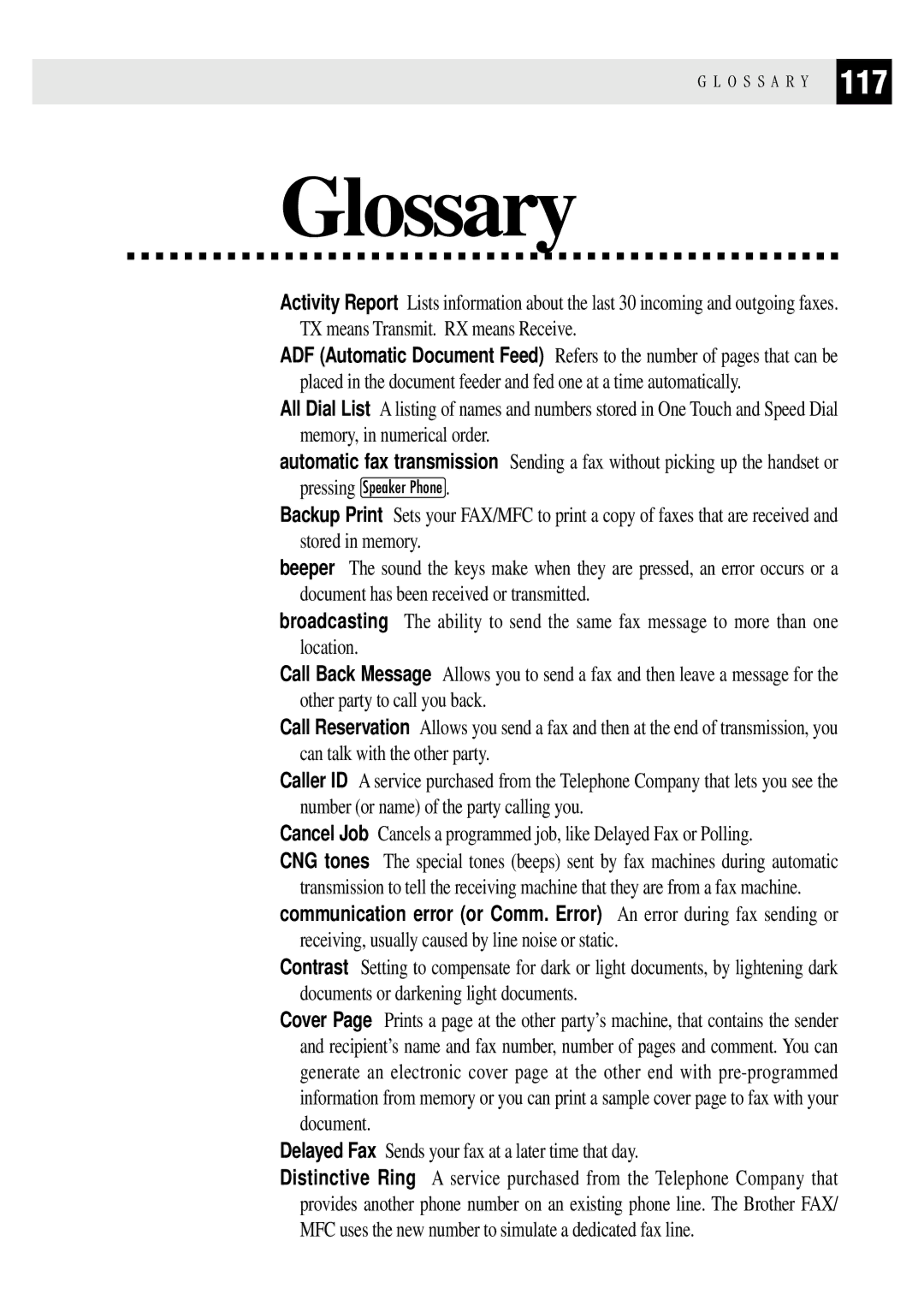 Brother FAX1 570MC, MFC 1970MC, MFC 1870MC owner manual Glossary 