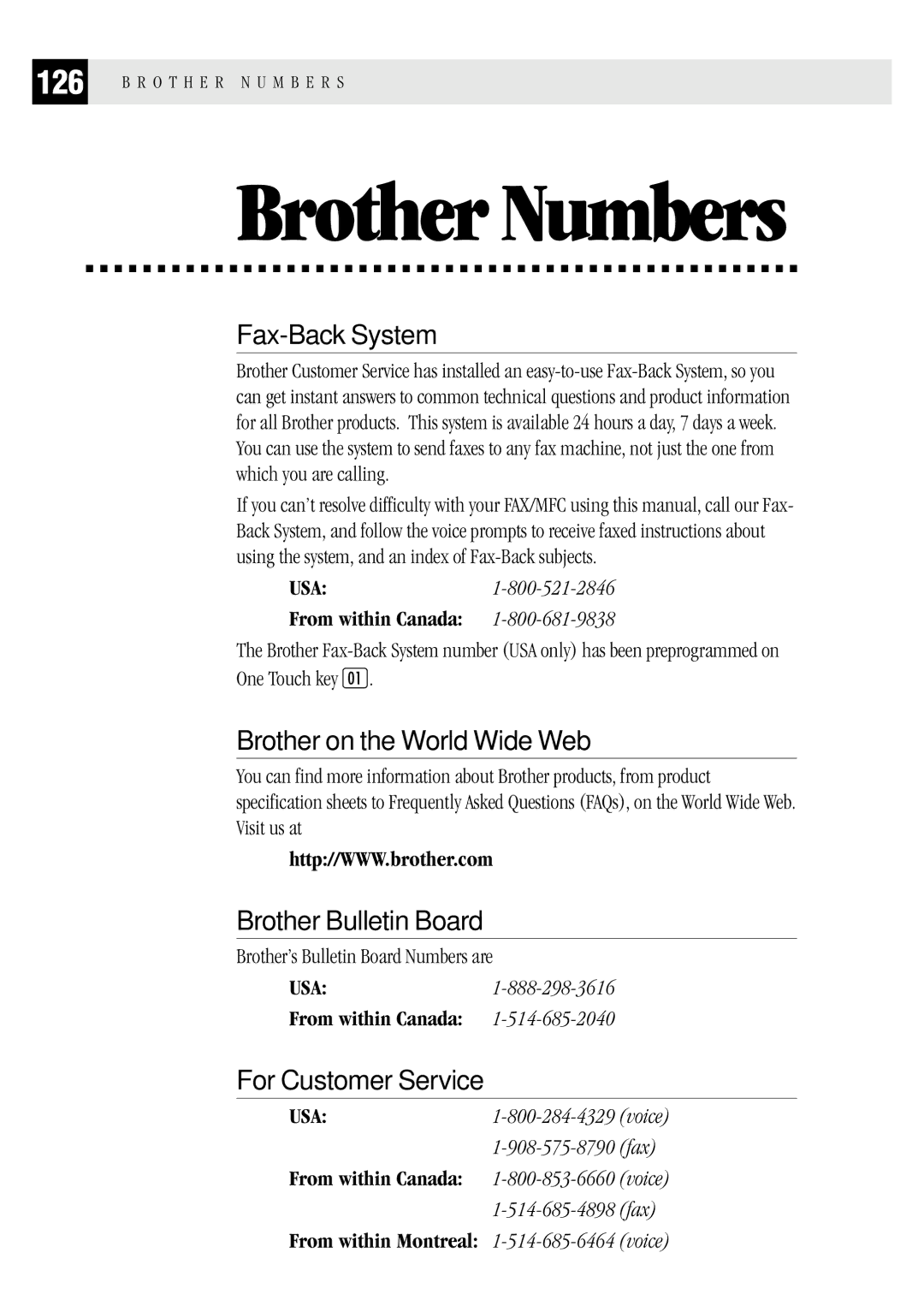 Brother FAX1 570MC, MFC 1970MC, MFC 1870MC owner manual Brother on the World Wide Web, For Customer Service 