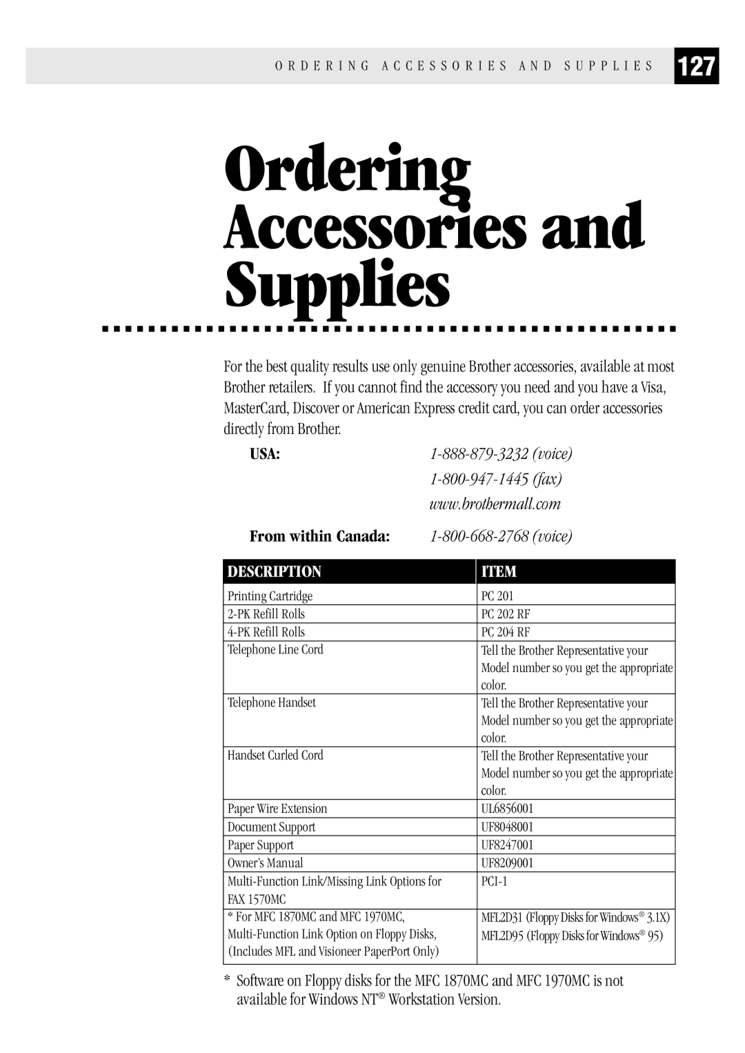 Brother MFC 1970MC, MFC 1870MC, FAX1 570MC owner manual Ordering Accessories Supplies 