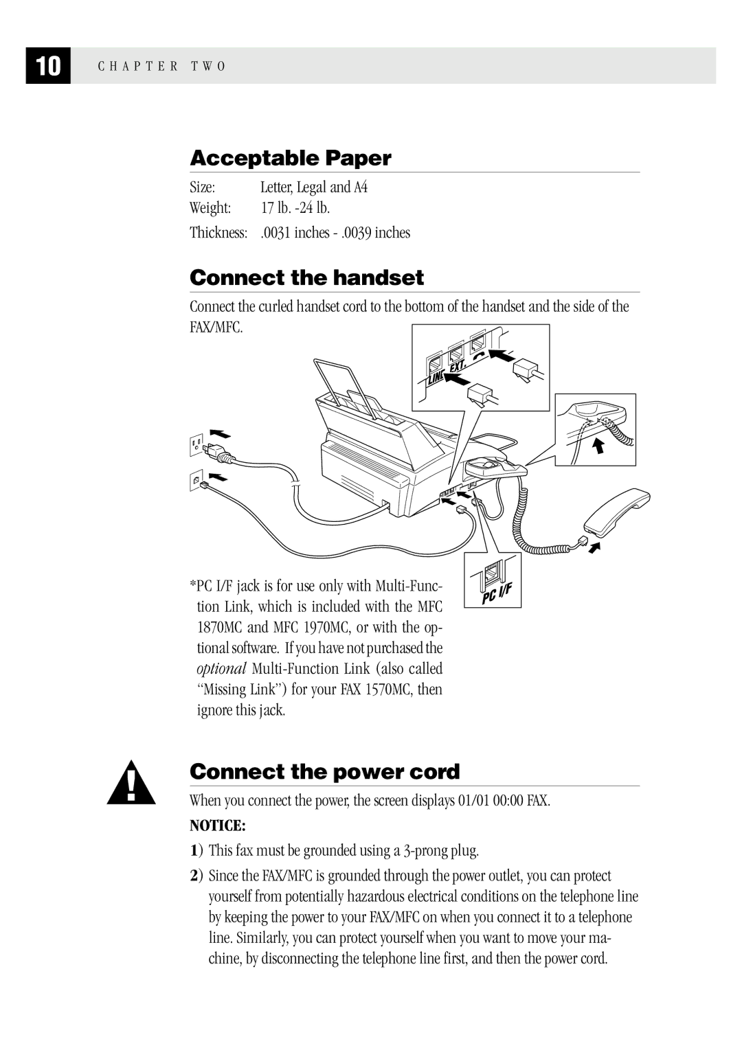 Brother MFC 1970MC, MFC 1870MC, FAX1 570MC owner manual Acceptable Paper, Connect the handset, Connect the power cord 