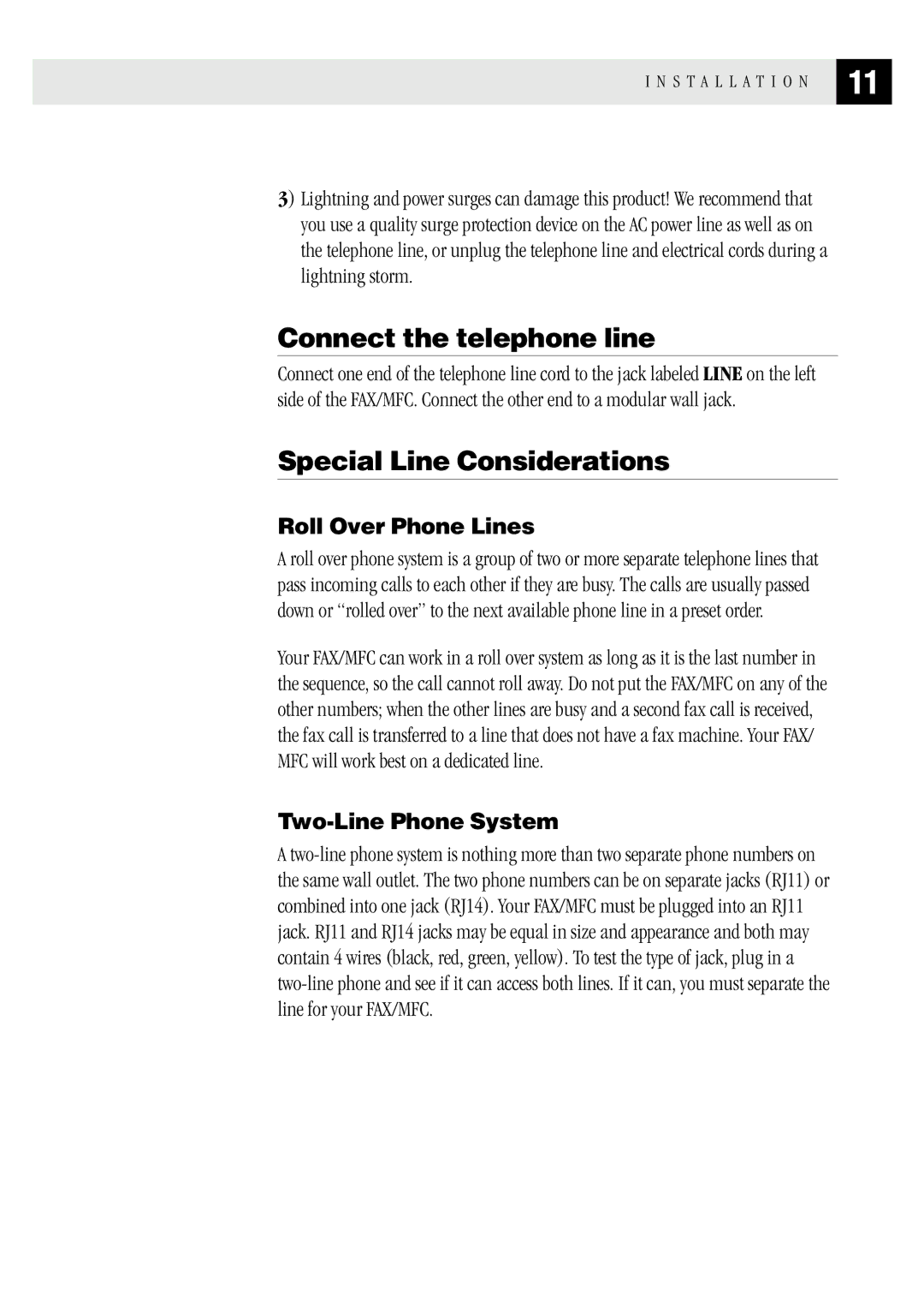 Brother MFC 1870MC Connect the telephone line, Special Line Considerations, Roll Over Phone Lines, Two-Line Phone System 