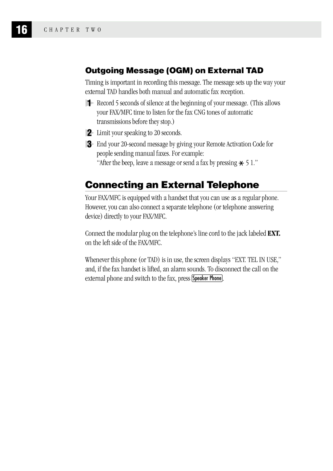 Brother MFC 1970MC, MFC 1870MC, FAX1 570MC Connecting an External Telephone, Outgoing Message OGM on External TAD 