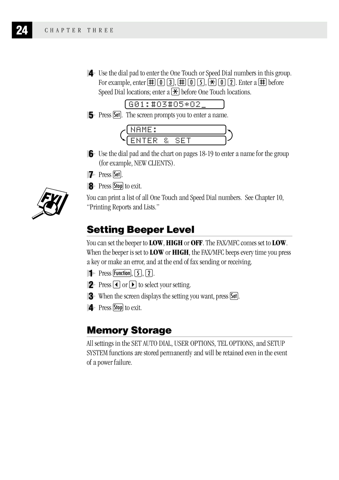 Brother FAX1 570MC, MFC 1970MC, MFC 1870MC owner manual Setting Beeper Level, Memory Storage, Name Enter & SET, Enter a 