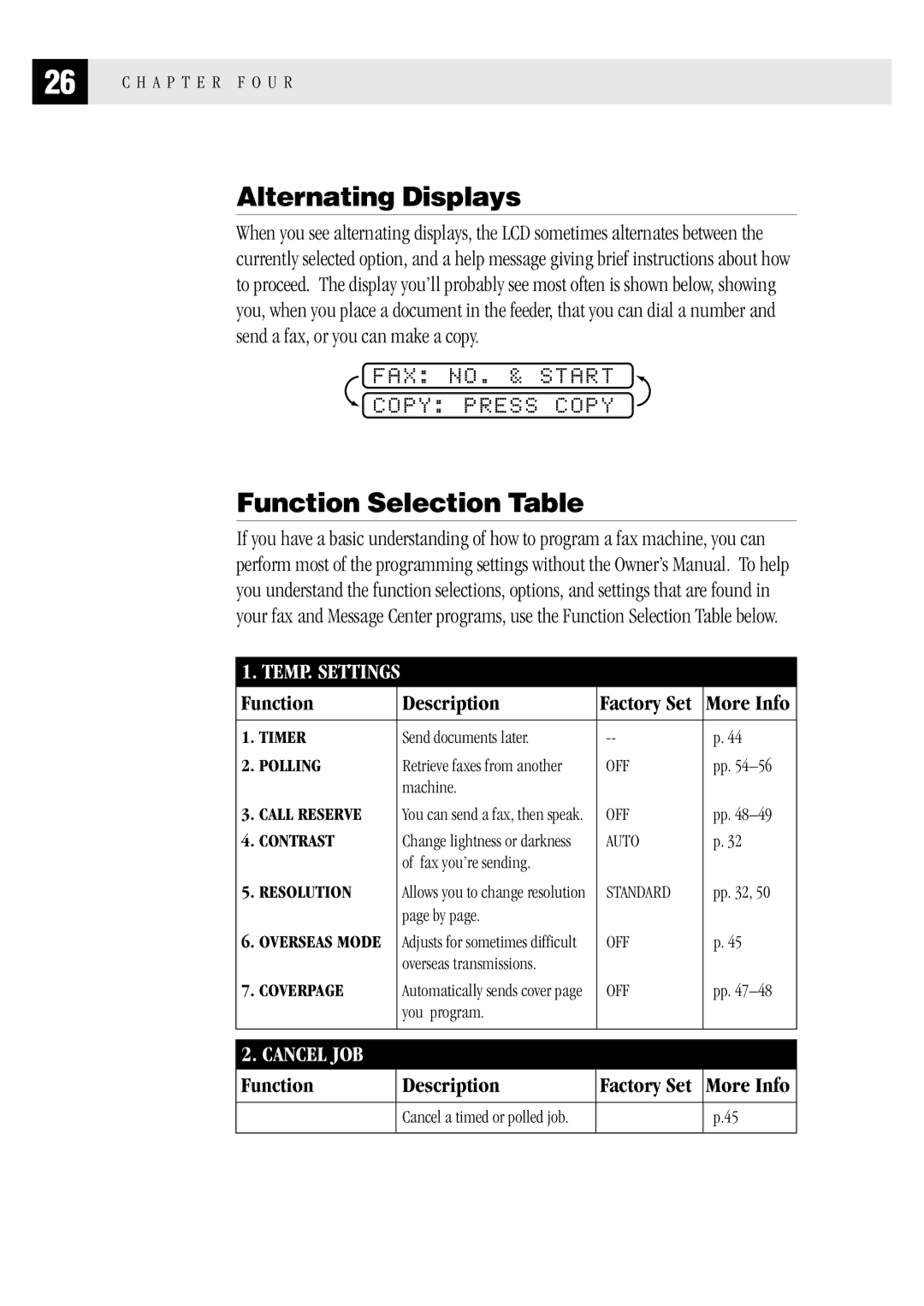 Brother MFC 1870MC, MFC 1970MC, FAX1 570MC Alternating Displays, Function Selection Table, FAX NO. & Start Copy Press Copy 