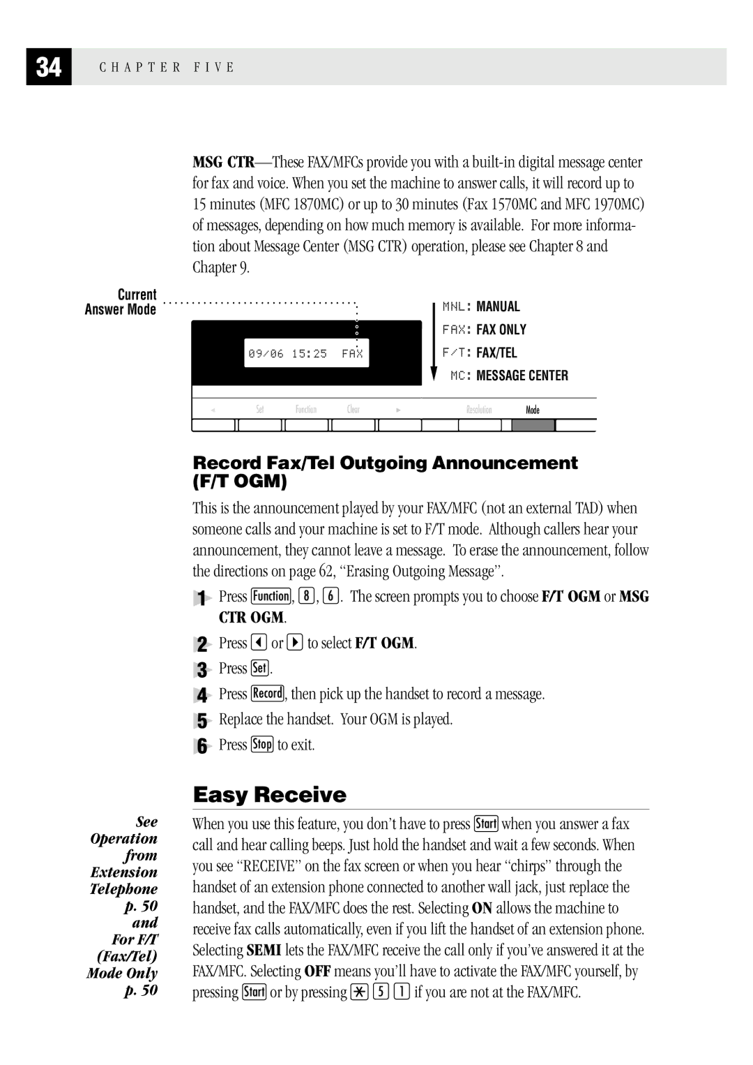 Brother MFC 1970MC, MFC 1870MC, FAX1 570MC owner manual Easy Receive, Record Fax/Tel Outgoing Announcement F/T OGM 