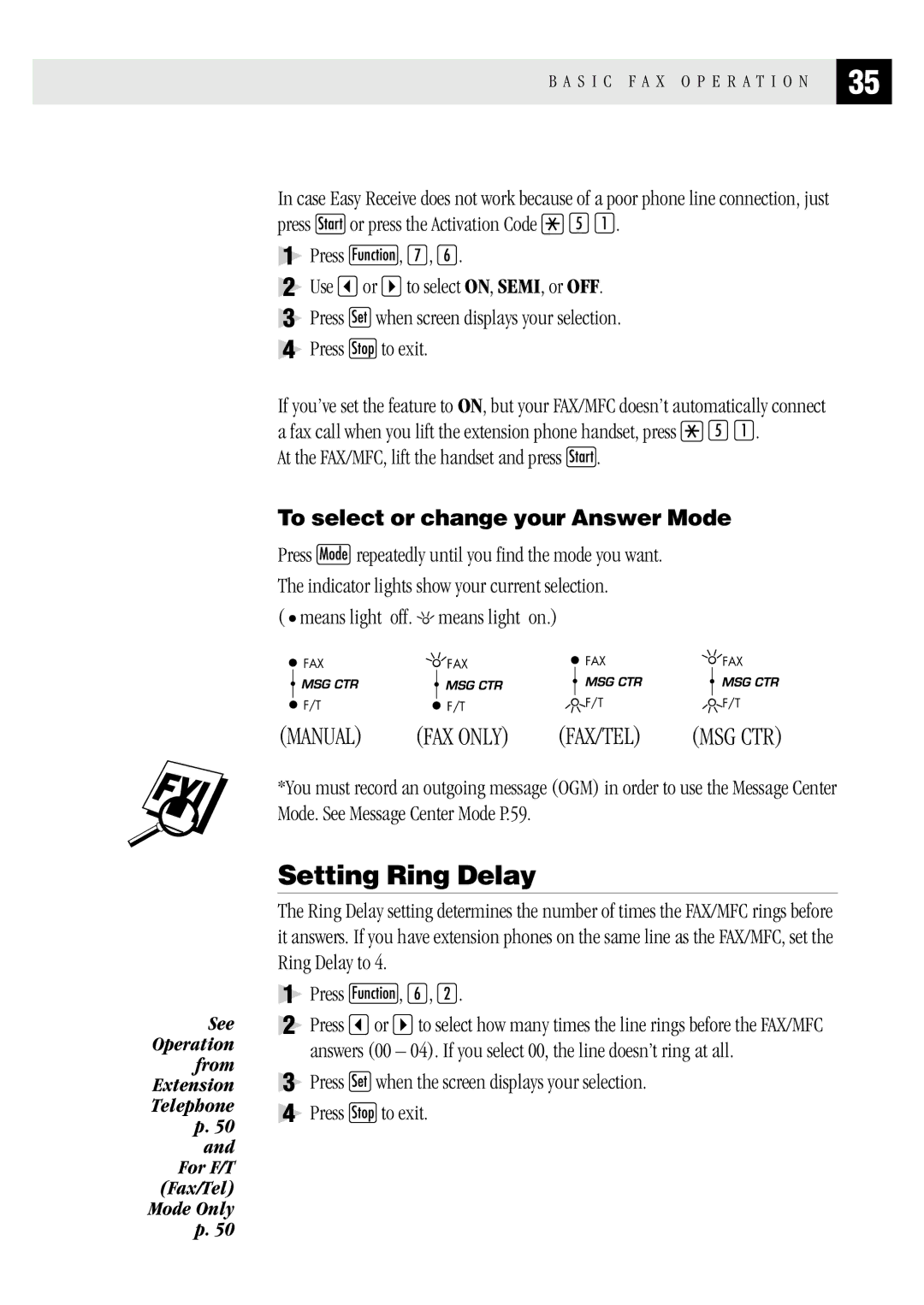 Brother MFC 1870MC, MFC 1970MC, FAX1 570MC owner manual Setting Ring Delay, To select or change your Answer Mode 