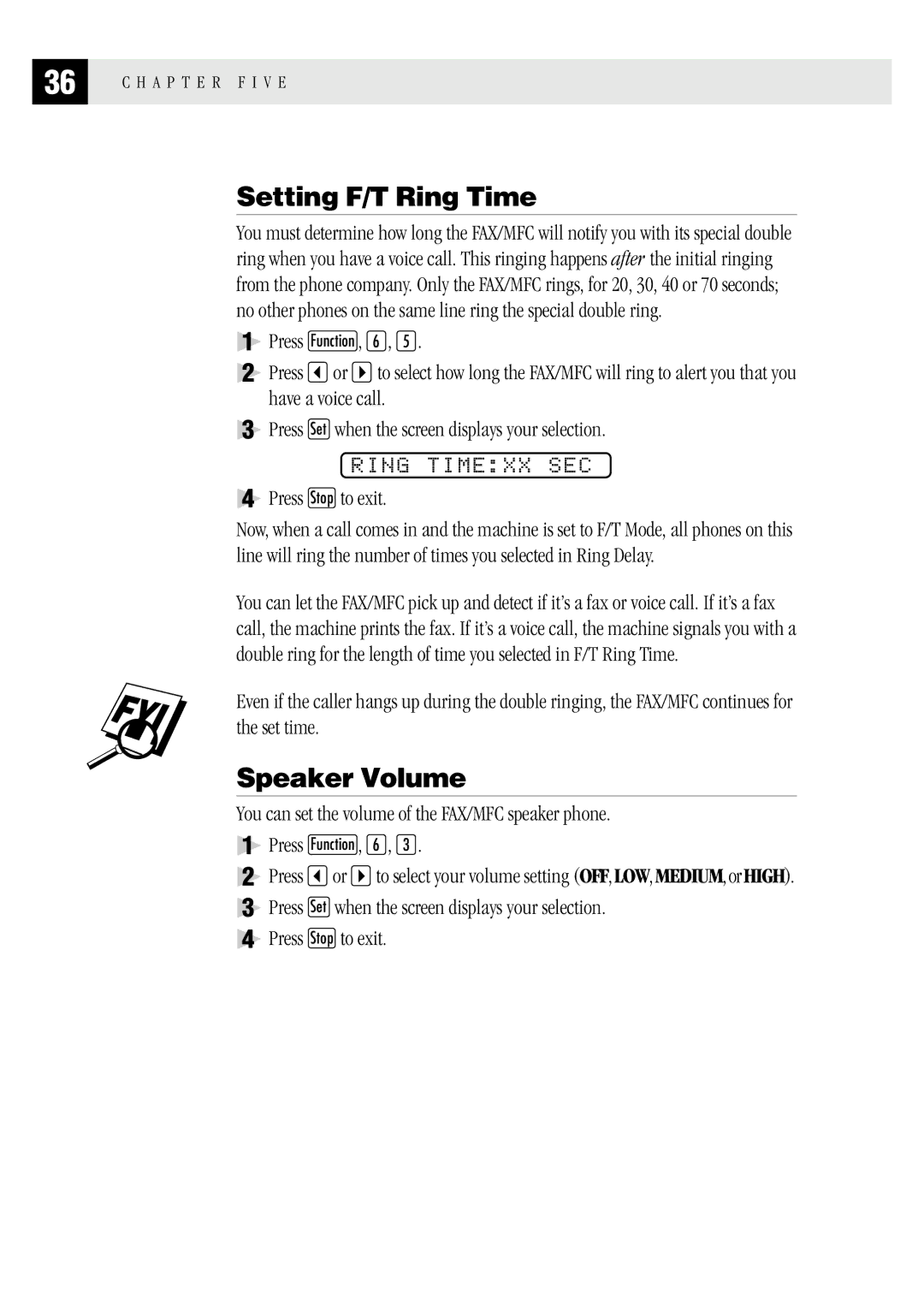 Brother FAX1 570MC, MFC 1970MC, MFC 1870MC owner manual Setting F/T Ring Time, Speaker Volume, Ring Timexx SEC 