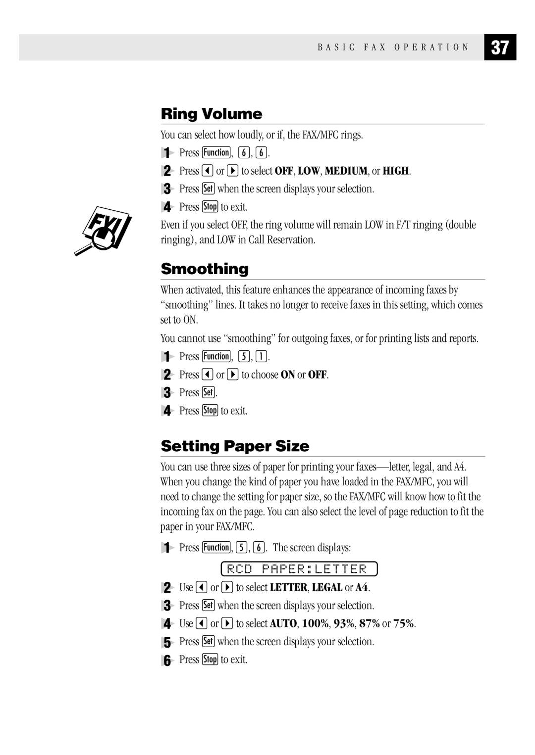 Brother MFC 1970MC, MFC 1870MC, FAX1 570MC owner manual Ring Volume, Smoothing, Setting Paper Size, RCD Paperletter 