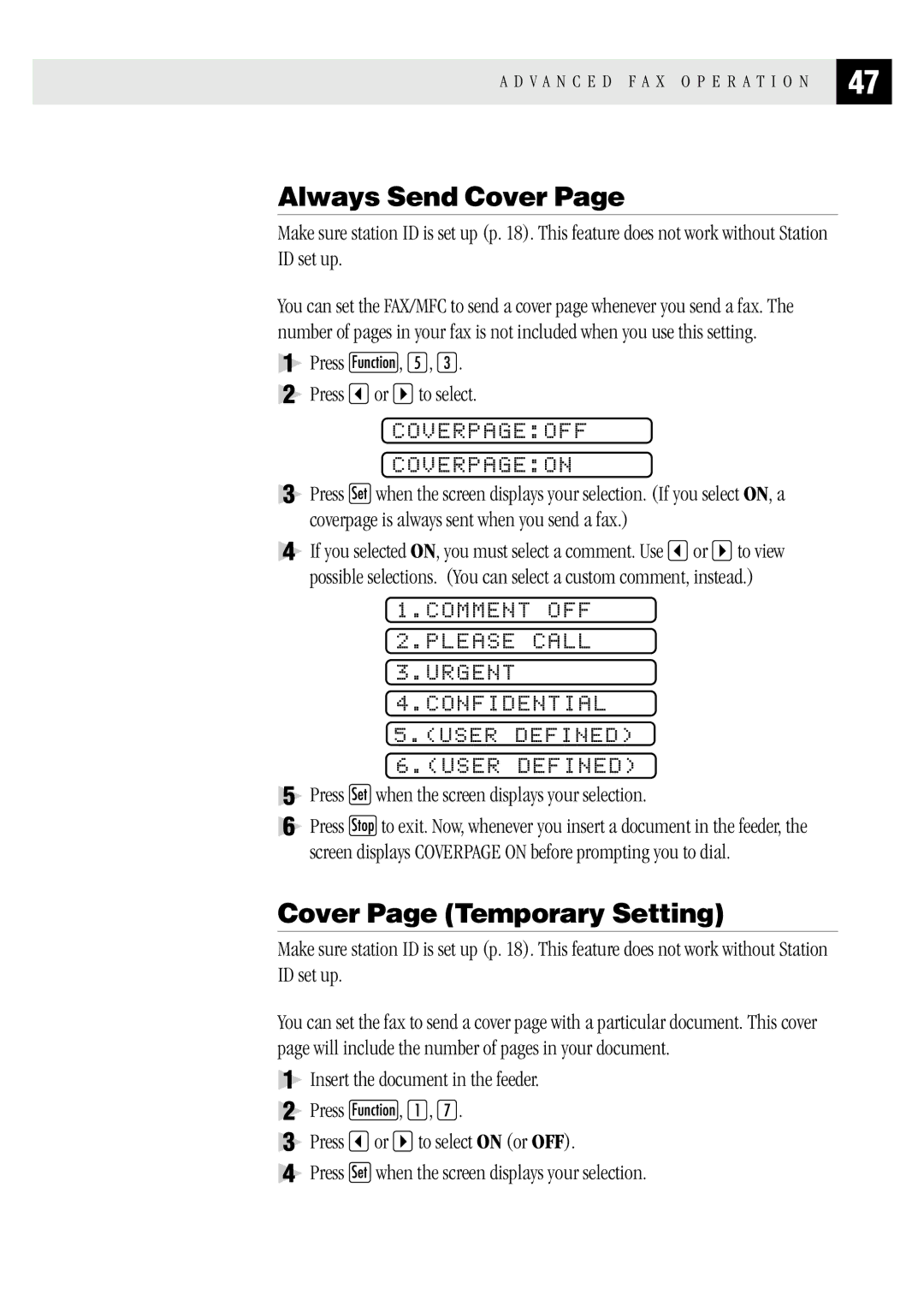 Brother MFC 1870MC, MFC 1970MC Always Send Cover, Cover Page Temporary Setting, Coverpageoff Coverpageon, User Defined 