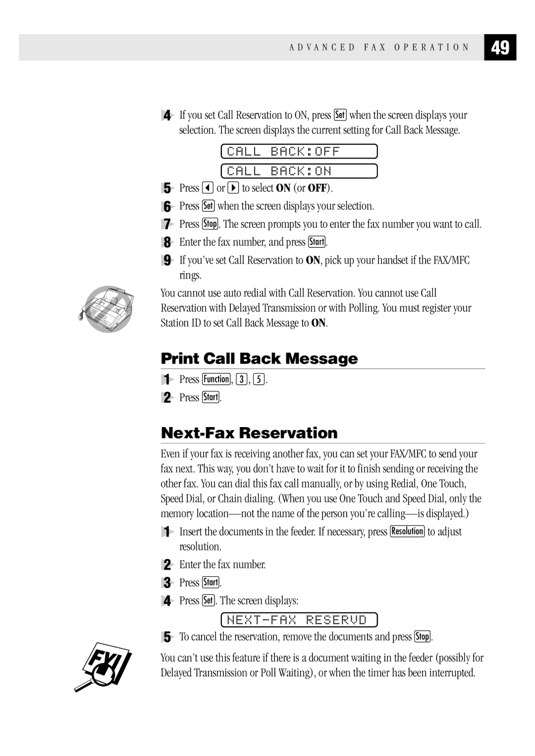 Brother MFC 1970MC, MFC 1870MC Print Call Back Message, Next-Fax Reservation, Call Backoff Call Backon, NEXT-FAX Reservd 