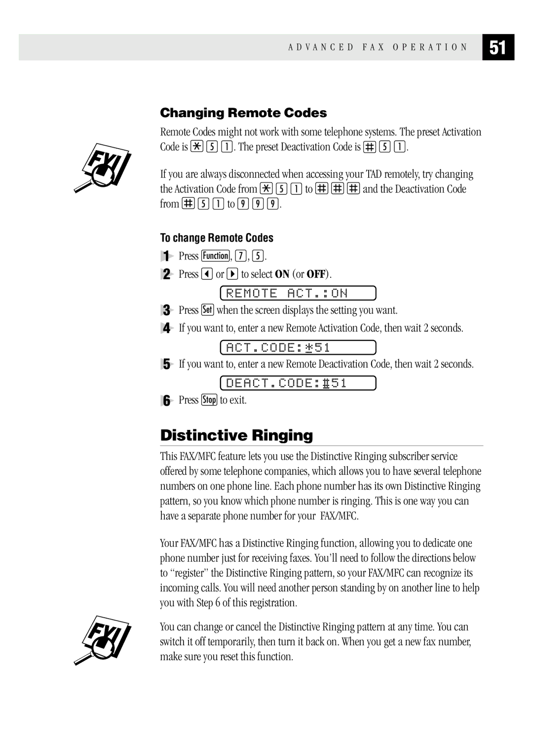 Brother FAX1 570MC, MFC 1970MC Distinctive Ringing, Remote ACT.ON, ACT.CODE*51, DEACT.CODE#51, Changing Remote Codes 