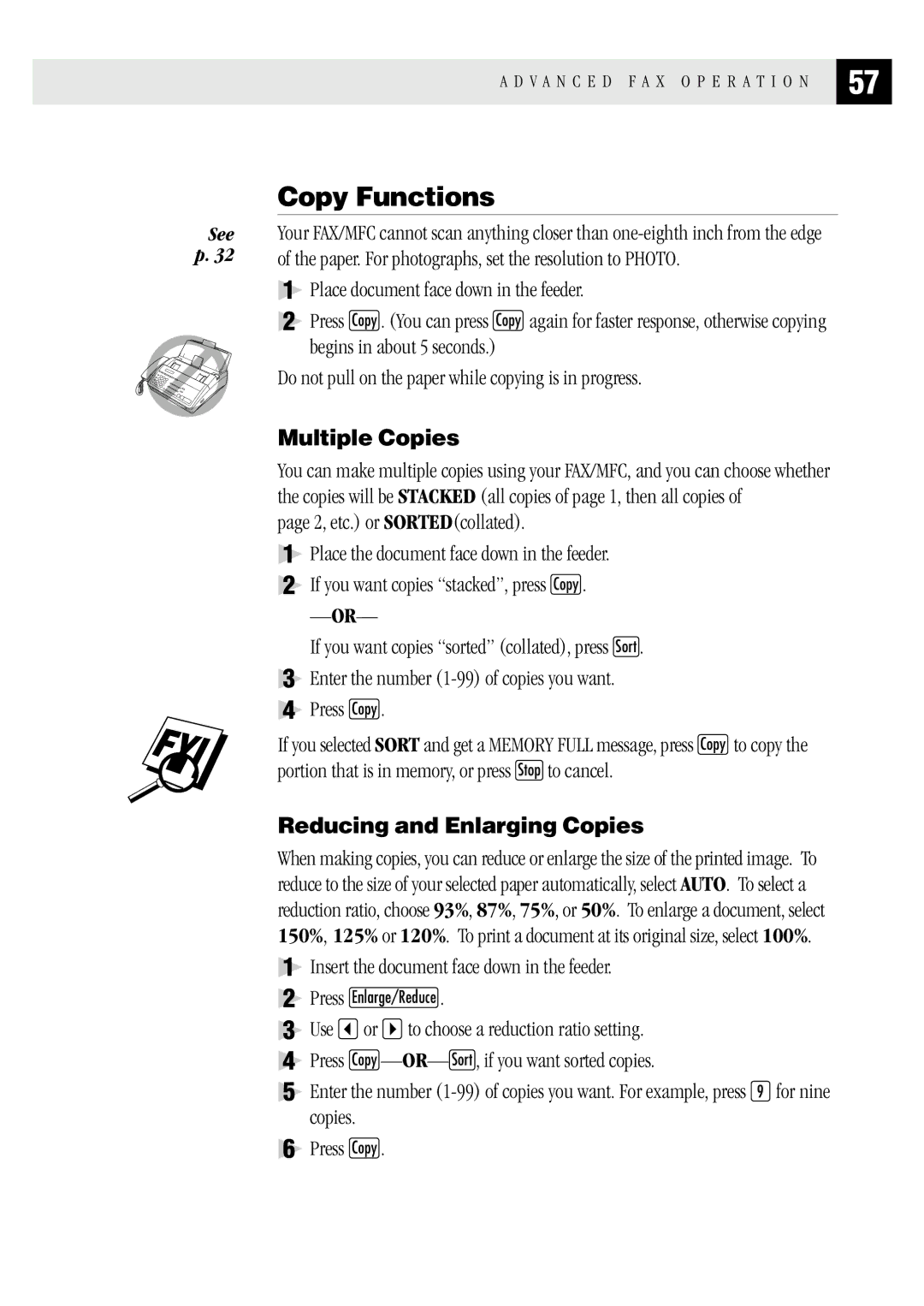 Brother FAX1 570MC, MFC 1970MC, MFC 1870MC owner manual Copy Functions, Multiple Copies, Reducing and Enlarging Copies 