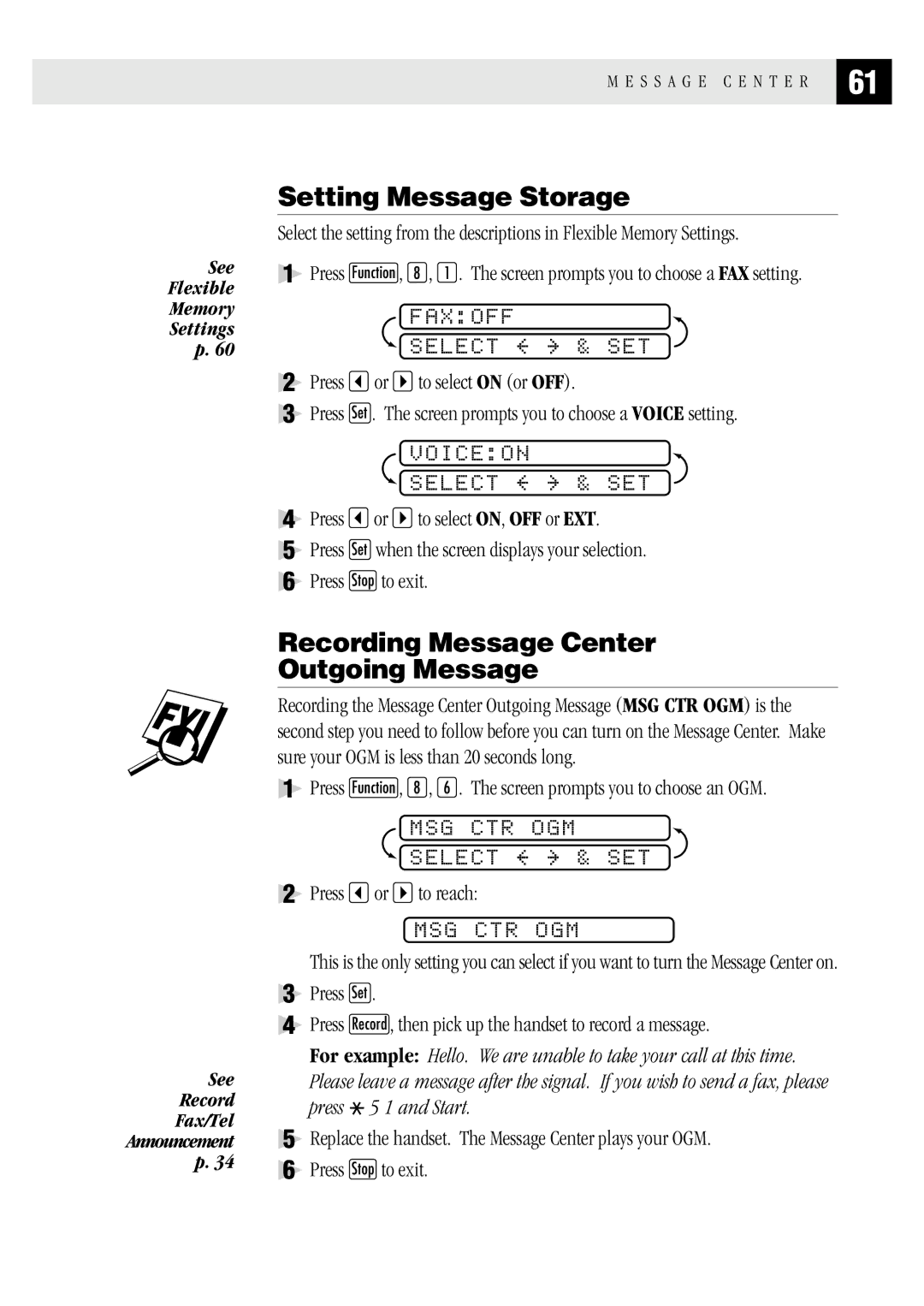 Brother MFC 1970MC, MFC 1870MC, FAX1 570MC owner manual Setting Message Storage, Recording Message Center Outgoing Message 