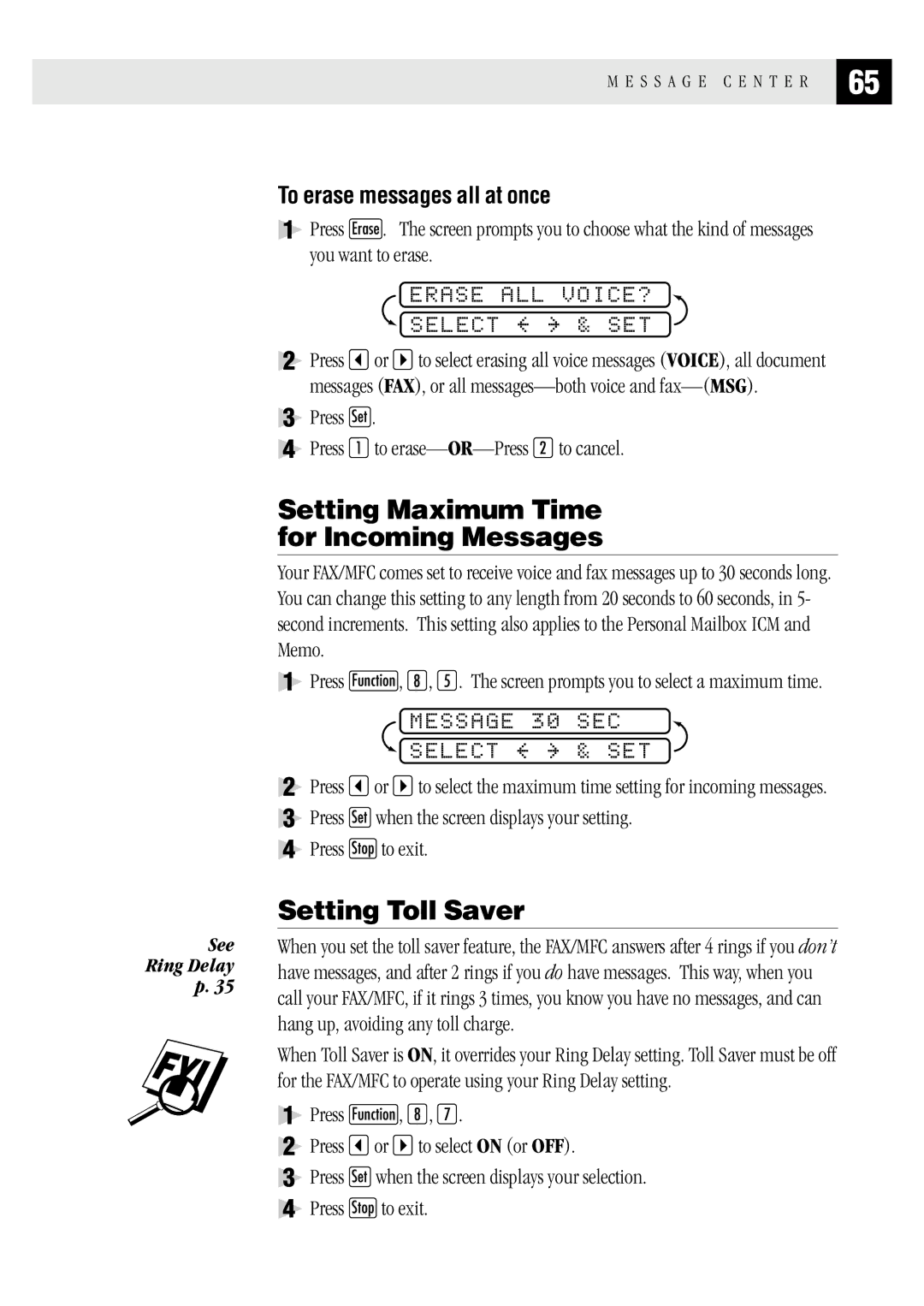 Brother MFC 1870MC Setting Maximum Time for Incoming Messages, Setting Toll Saver, Erase ALL VOICE? Select & SET 