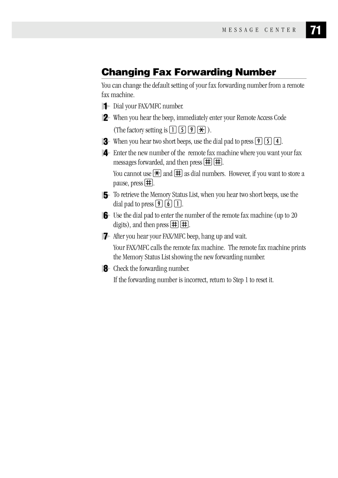 Brother MFC 1870MC, MFC 1970MC Changing Fax Forwarding Number, Messages forwarded, and then press, Dial pad to press 9 6 